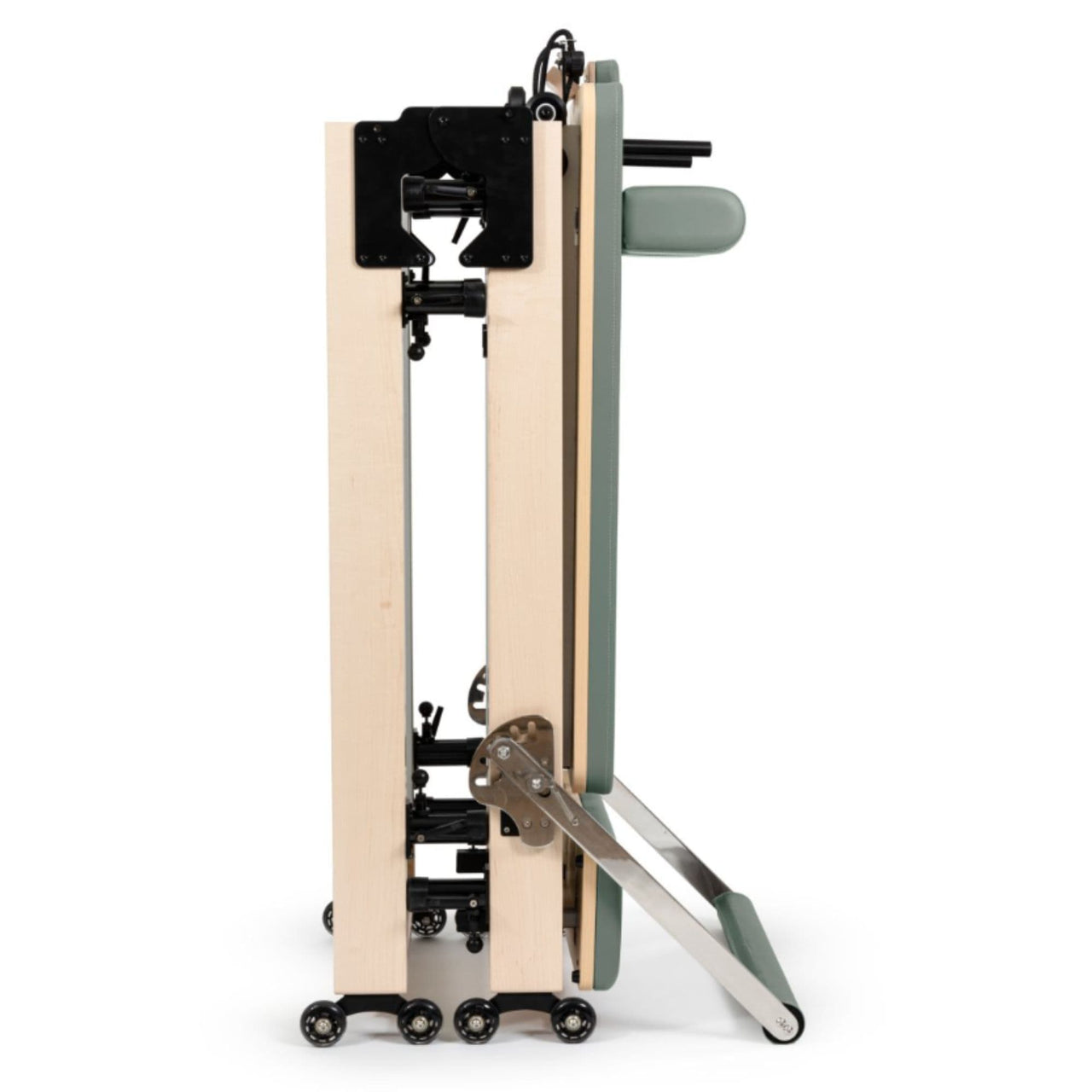 Elina Pilates Home Foldable Reformer Eucalyptus Variant Side View Showing Space-Saving Folded Configuration On White Background