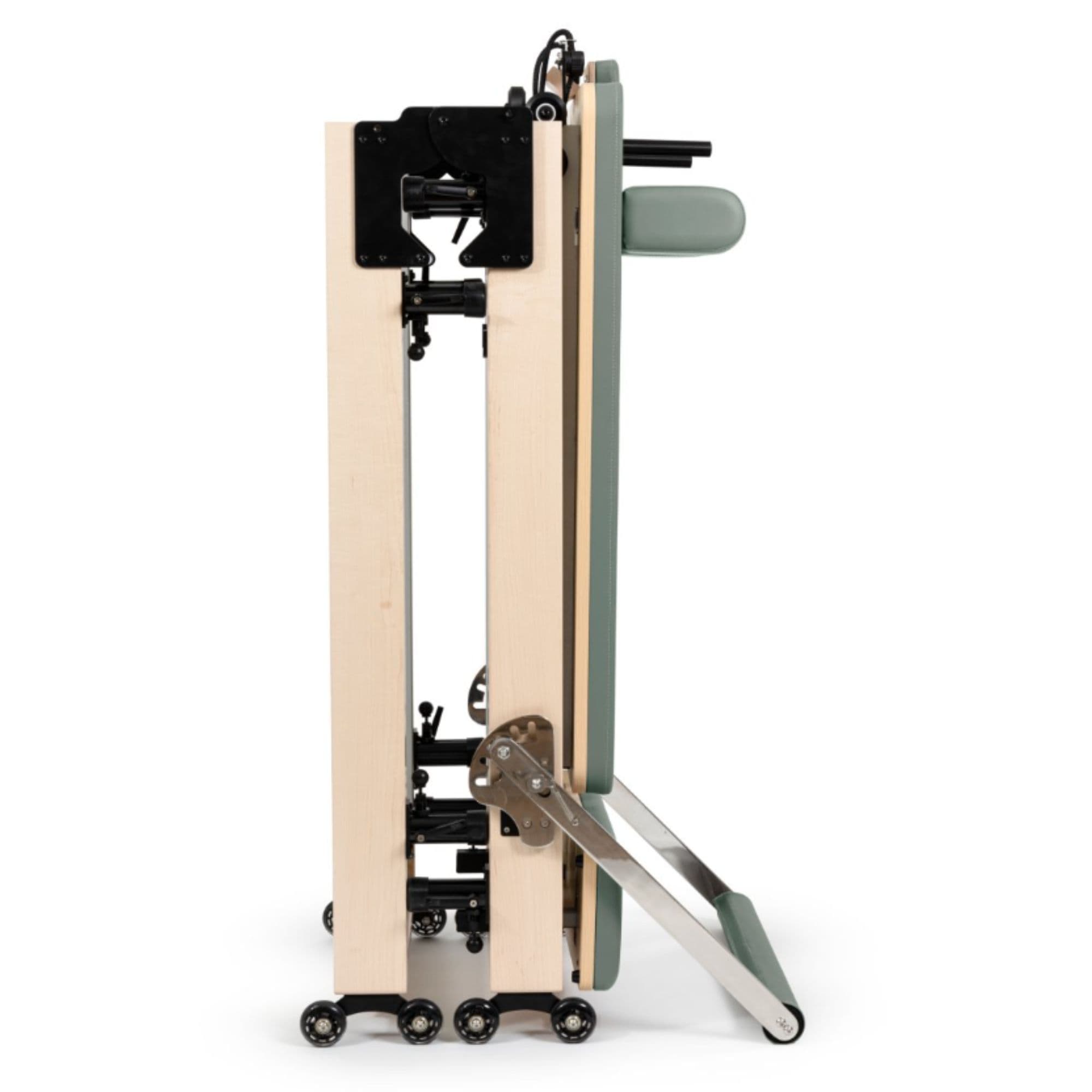 Elina Pilates Home Foldable Reformer Eucalyptus Variant Side View Showing Space-Saving Folded Configuration On White Background