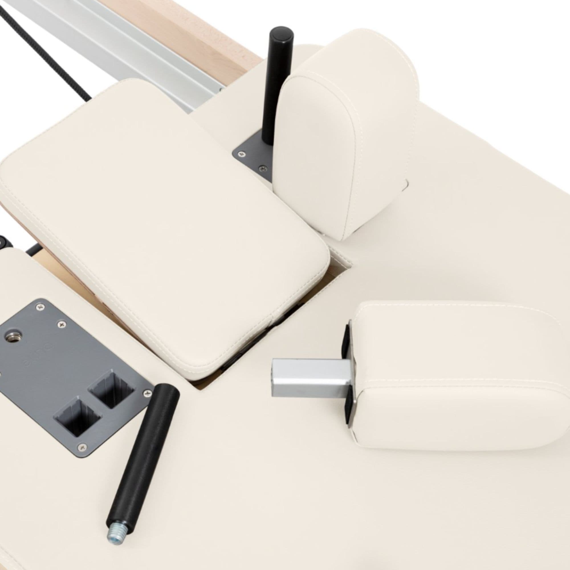 Elina Pilates Home Foldable Reformer Ivory Variant Close-Up View Showing Removable Headrest And Shoulder Rest System