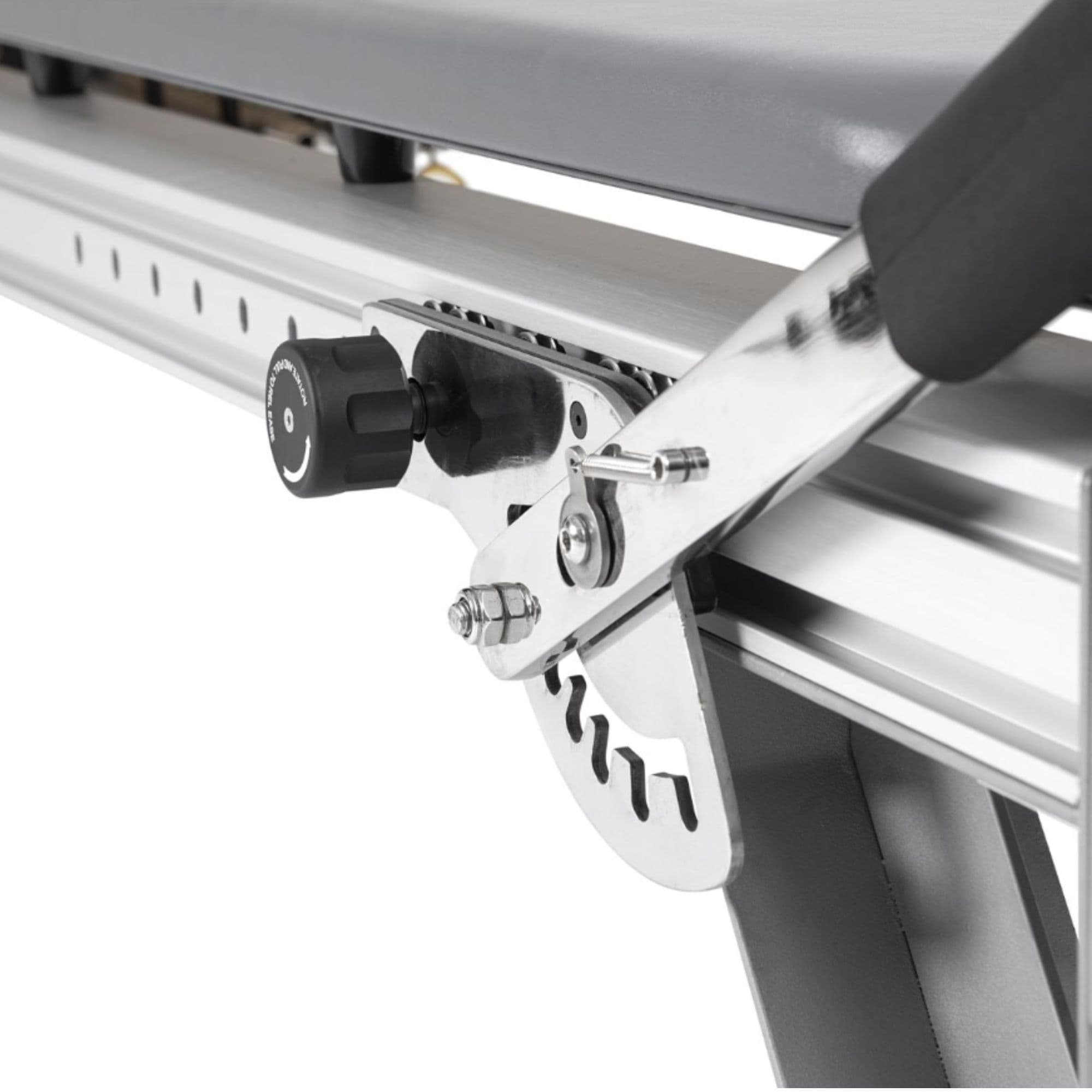 Elina Pilates Mentor Aluminium Reformer And Tower Set Detailed View Of Stainless Steel Footbar Adjustment System