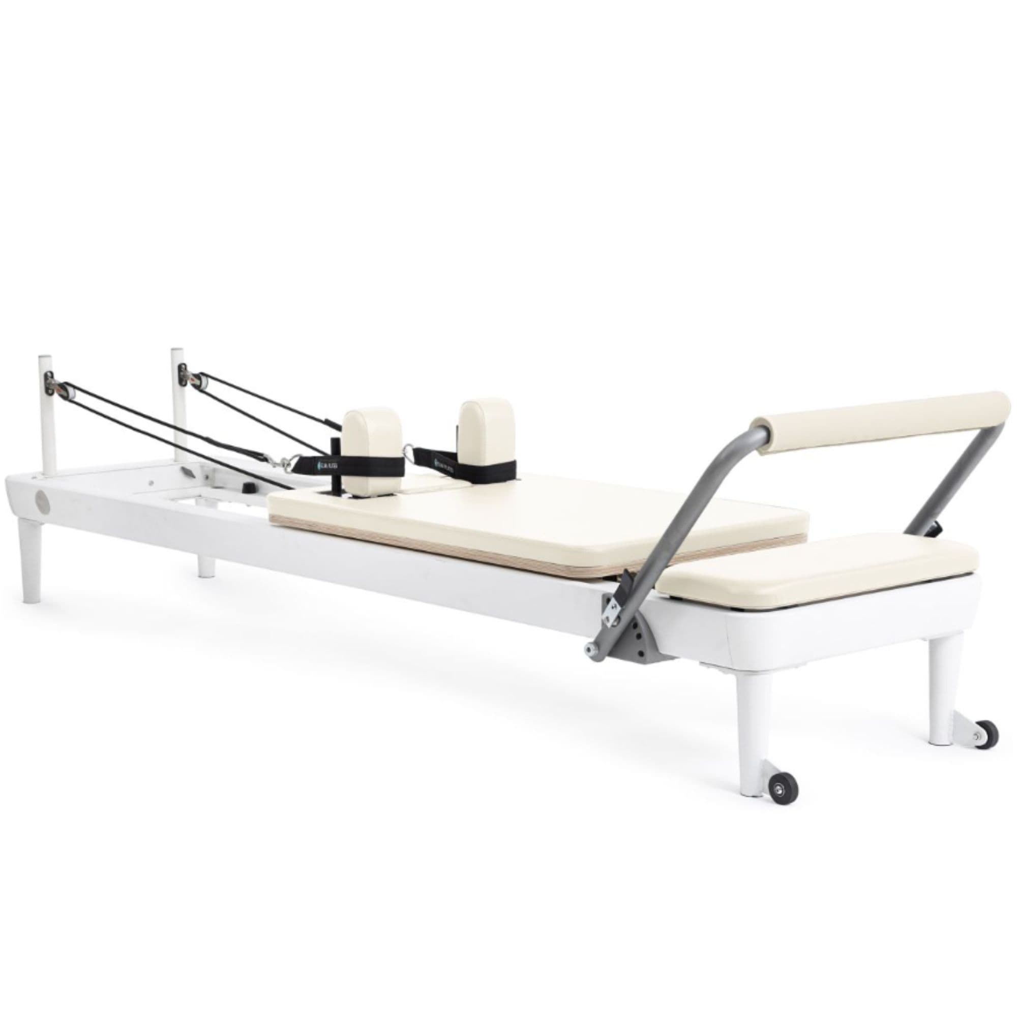 Elina Pilates Nubium Reformer Bundle Ivory Variant Side Angle View With Rope On White Background
