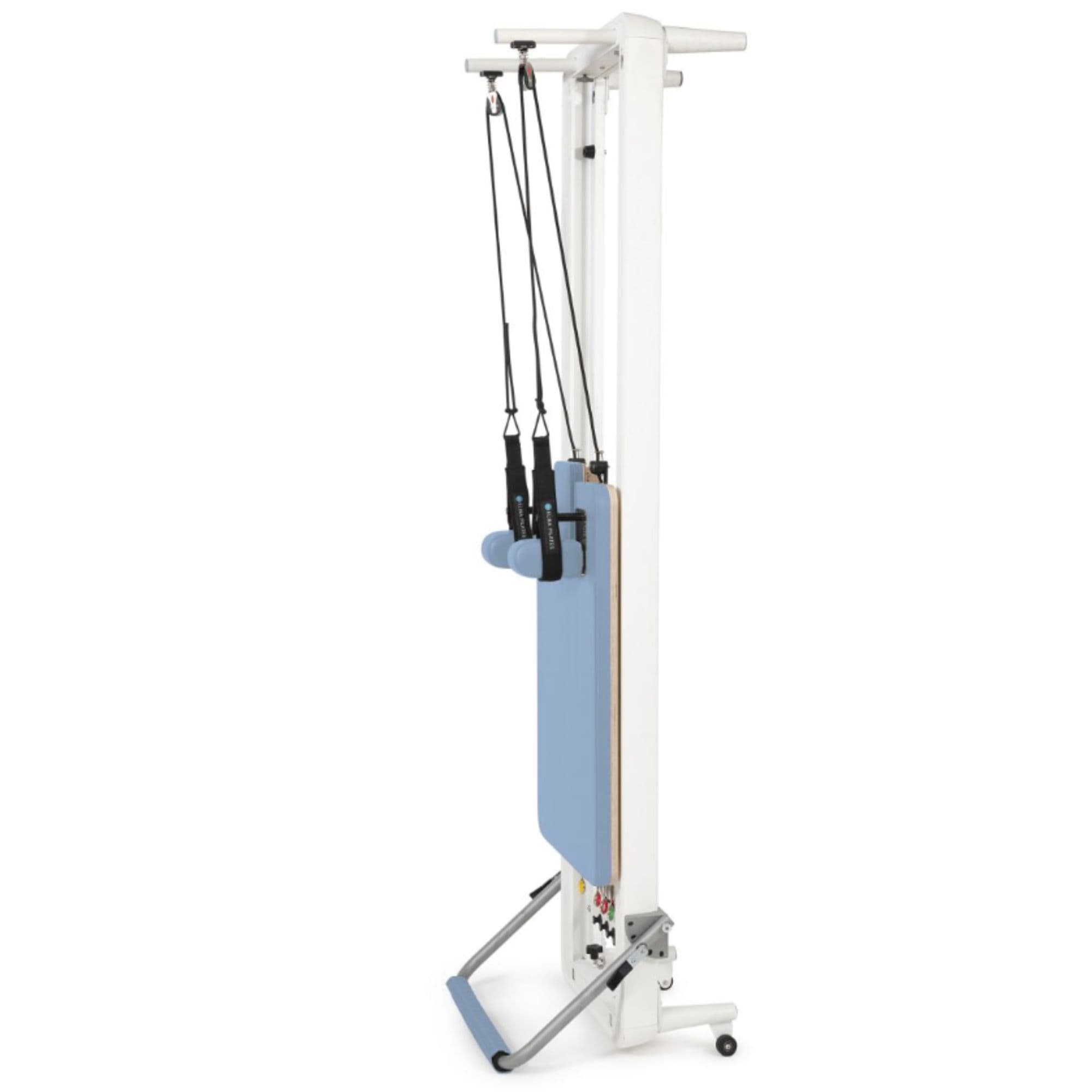 Elina Pilates Nubium Reformer Bundle Ocean Blue Variant Side View In Upright Position Bar On White Background
