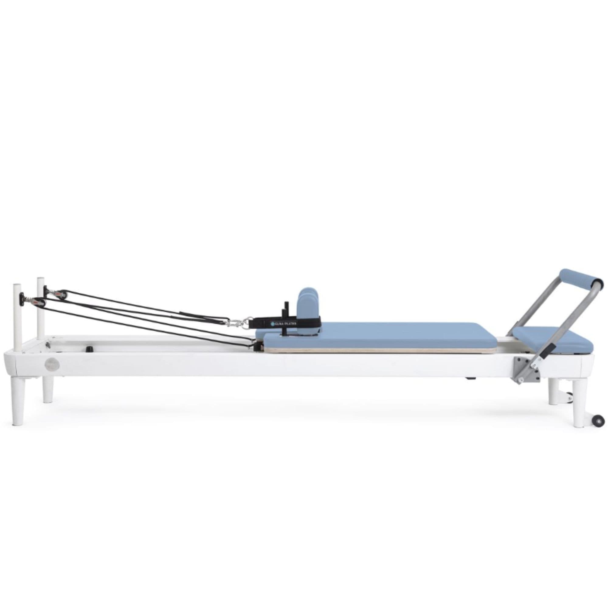 Elina Pilates Nubium Reformer Bundle Ocean Blue Variant Side View With Adjustable Foot Bar On White Background