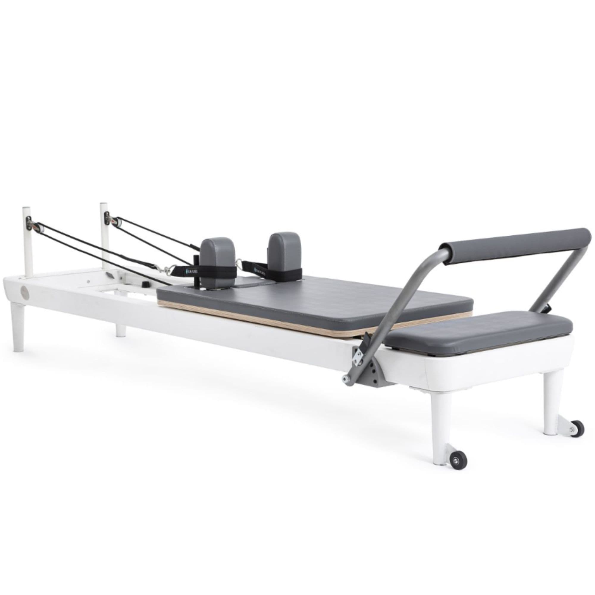 Elina Pilates Nubium Reformer Gray Variant Side Angle View With Rope On White Background