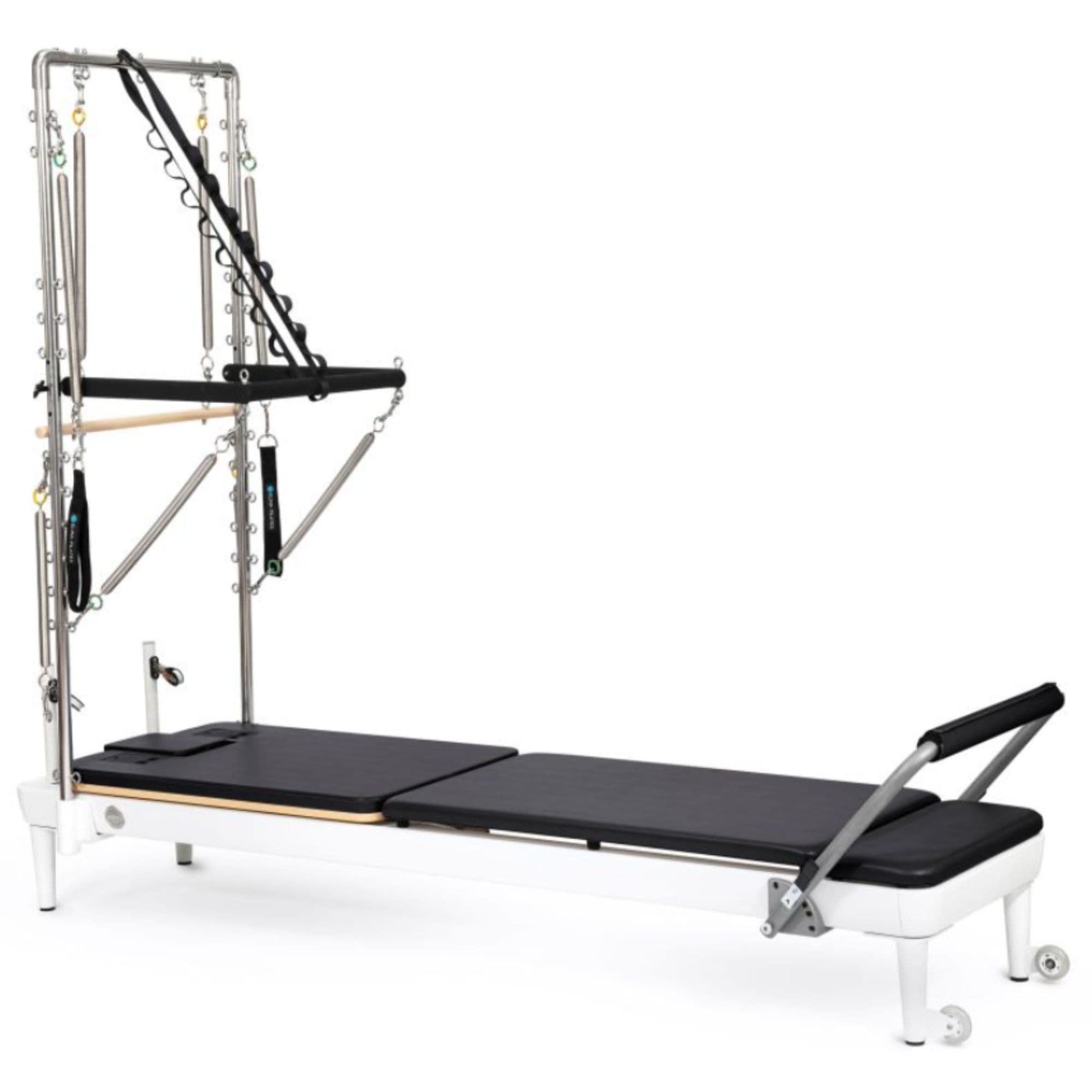 Elina Pilates Nubium Reformer with Tower Black Variant Front Angled View Complete Set On White Background