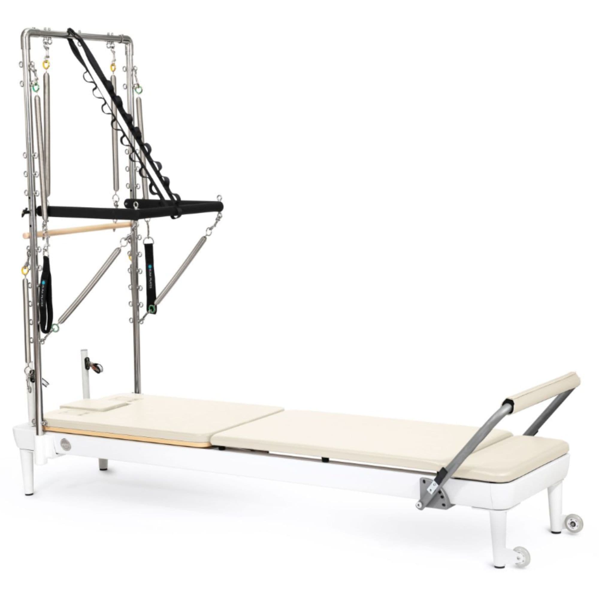 Elina Pilates Nubium Reformer with Tower Ivory Variant Front Angled View Complete Set On White Background