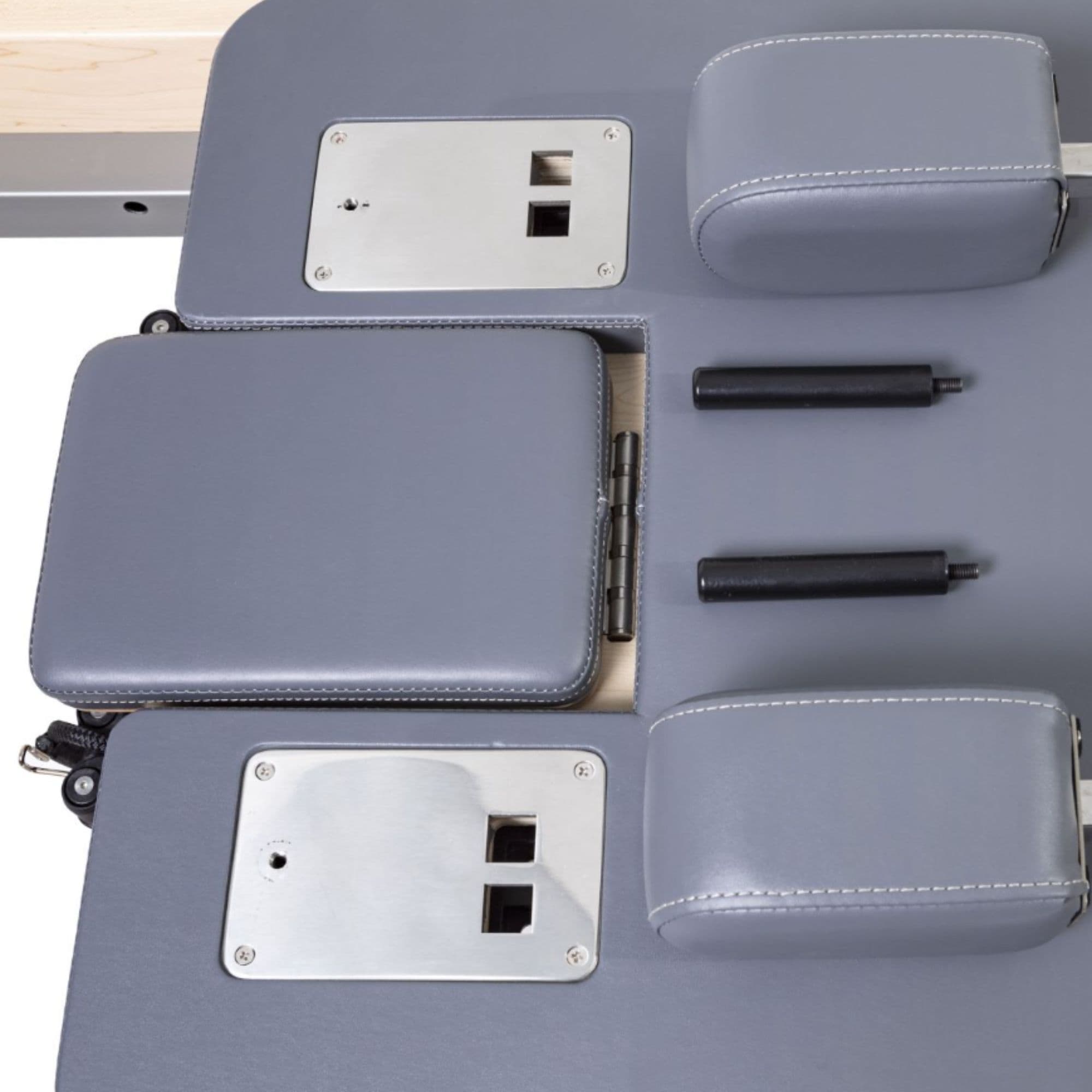 Elina Pilates Physio Reformer Master Instructor Close-Up View Of Grey Upholstery And Shoulder Rest Assembly Front Angled View On White Background