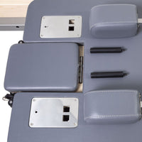 Thumbnail for Elina Pilates Physio Reformer Master Instructor Close-Up View Of Grey Upholstery And Shoulder Rest Assembly Front Angled View On White Background