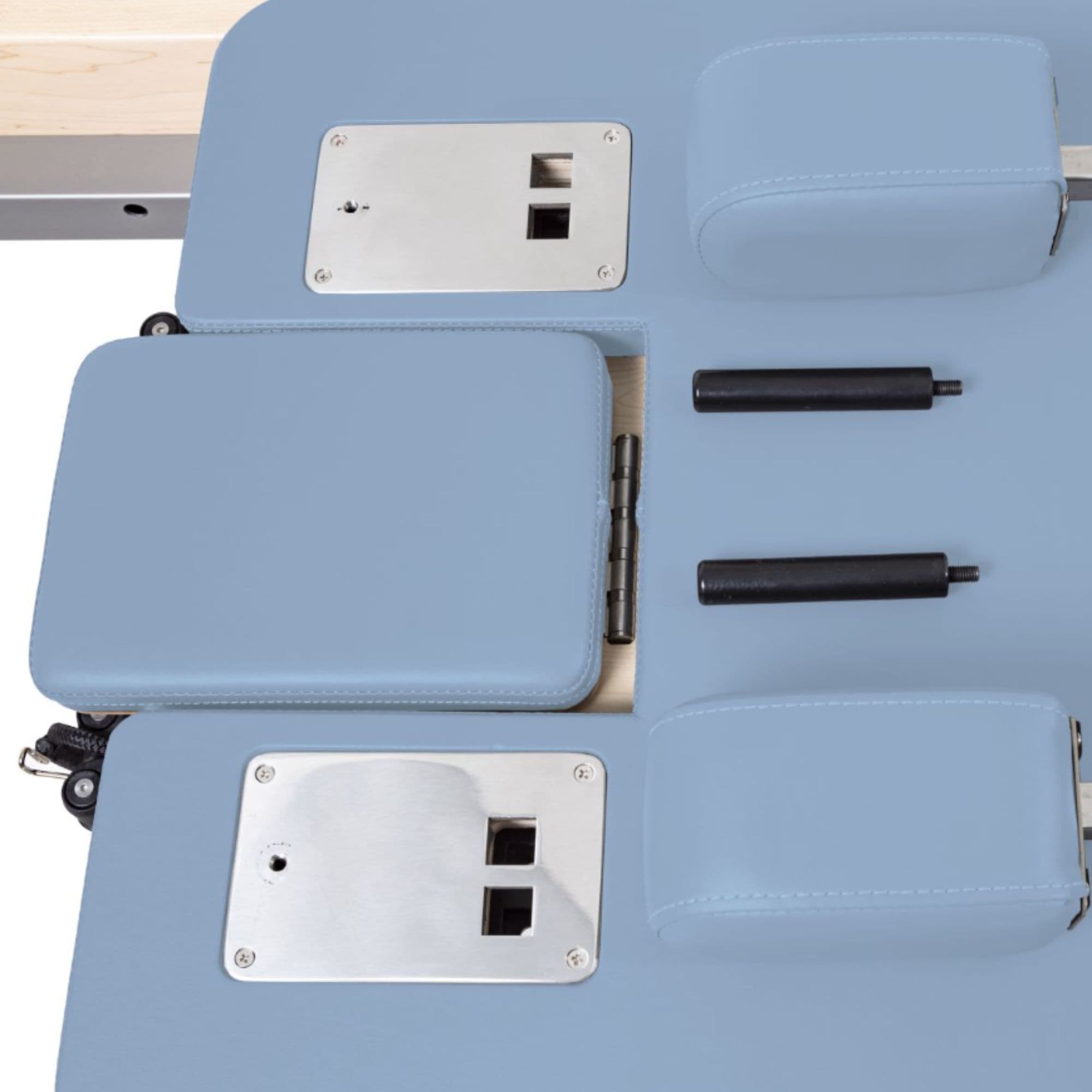 Elina Pilates Physio Reformer Master Instructor with Tower Close-Up View Of Ocean Blue Upholstery And Shoulder Rest Assembly Front Angled View On White Background