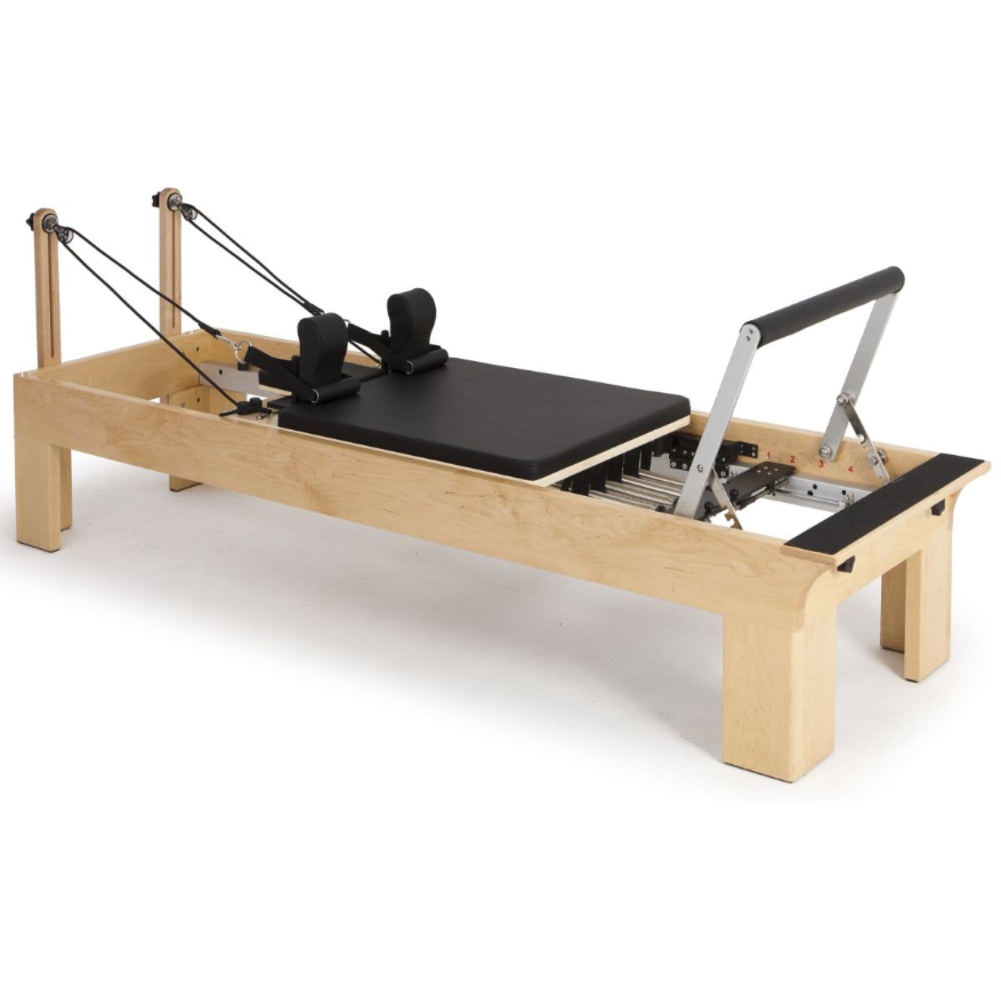 Elina Pilates Physio Wood Reformer Black Variant Front Angled View With Complete Set On White Background