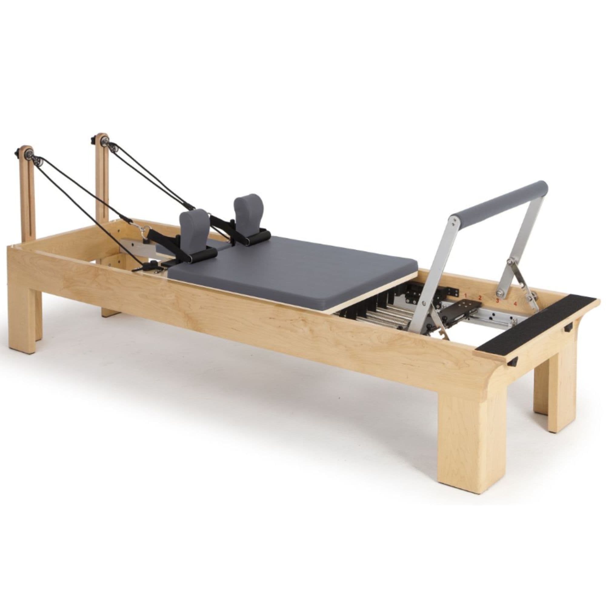 Elina Pilates Physio Wood Reformer Gray Variant Front Angled View With Complete Set On White Background