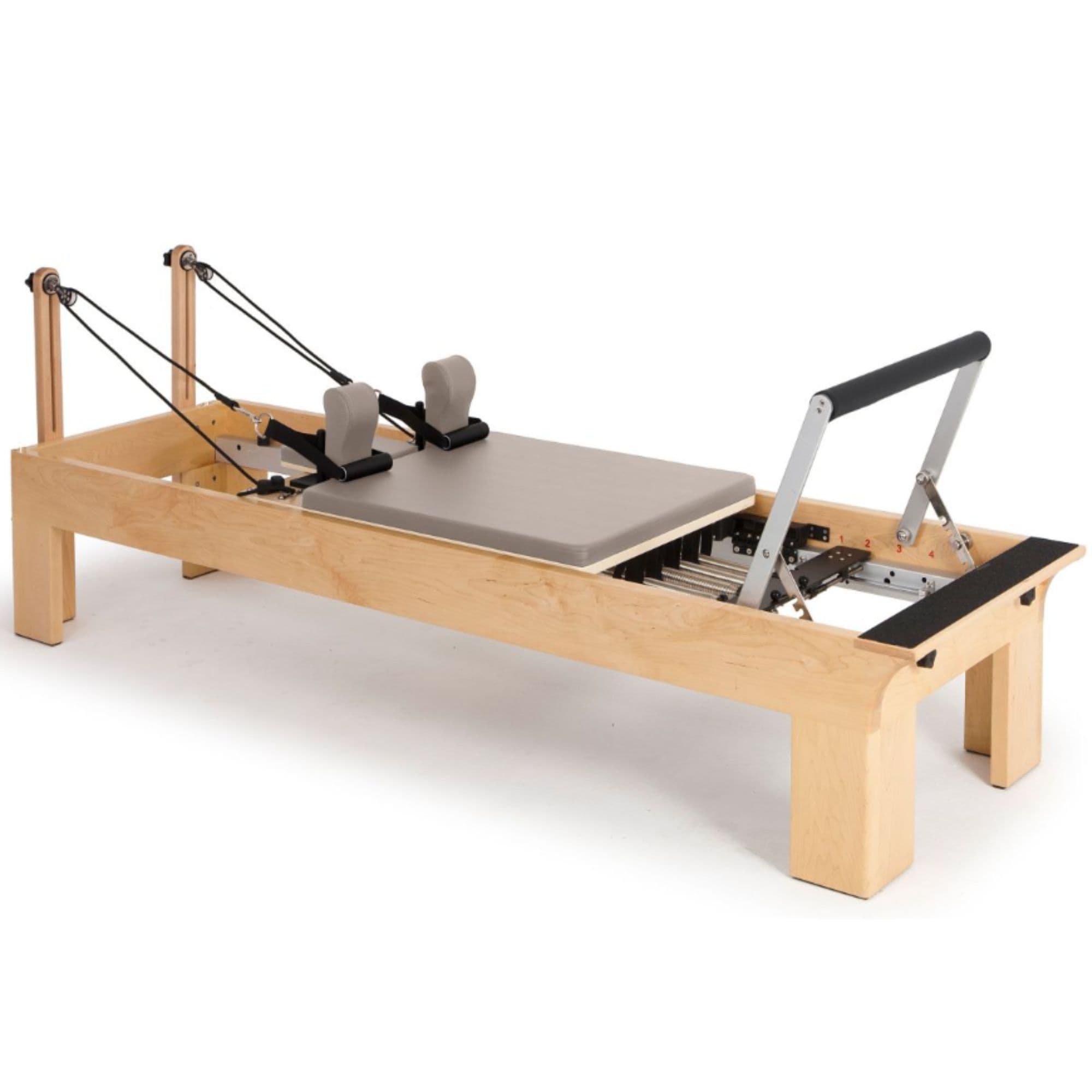 Elina Pilates Physio Wood Reformer Mocha Variant Front Angled View With Complete Set On White Background