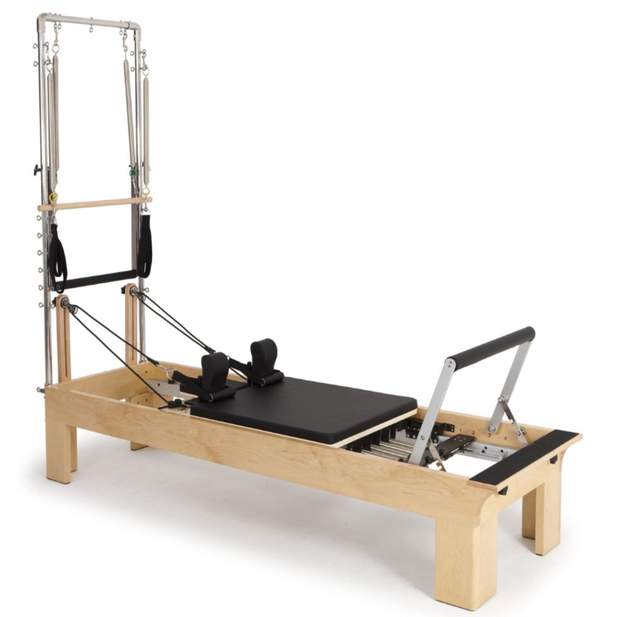 Elina Pilates Physio Wood Reformer with Tower Black Variant Front Angled View With Complete Set On White Background