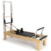 Elina Pilates Physio Wood Reformer with Tower Black Variant Front Angled View With Complete Set On White Background