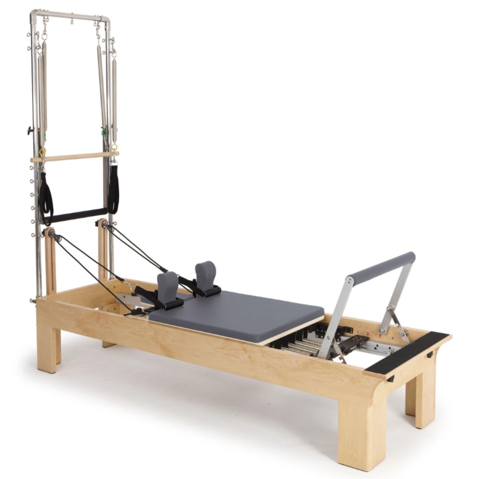 Elina Pilates Physio Wood Reformer with Tower Gray Variant Front Angled View With Complete Set On White Background