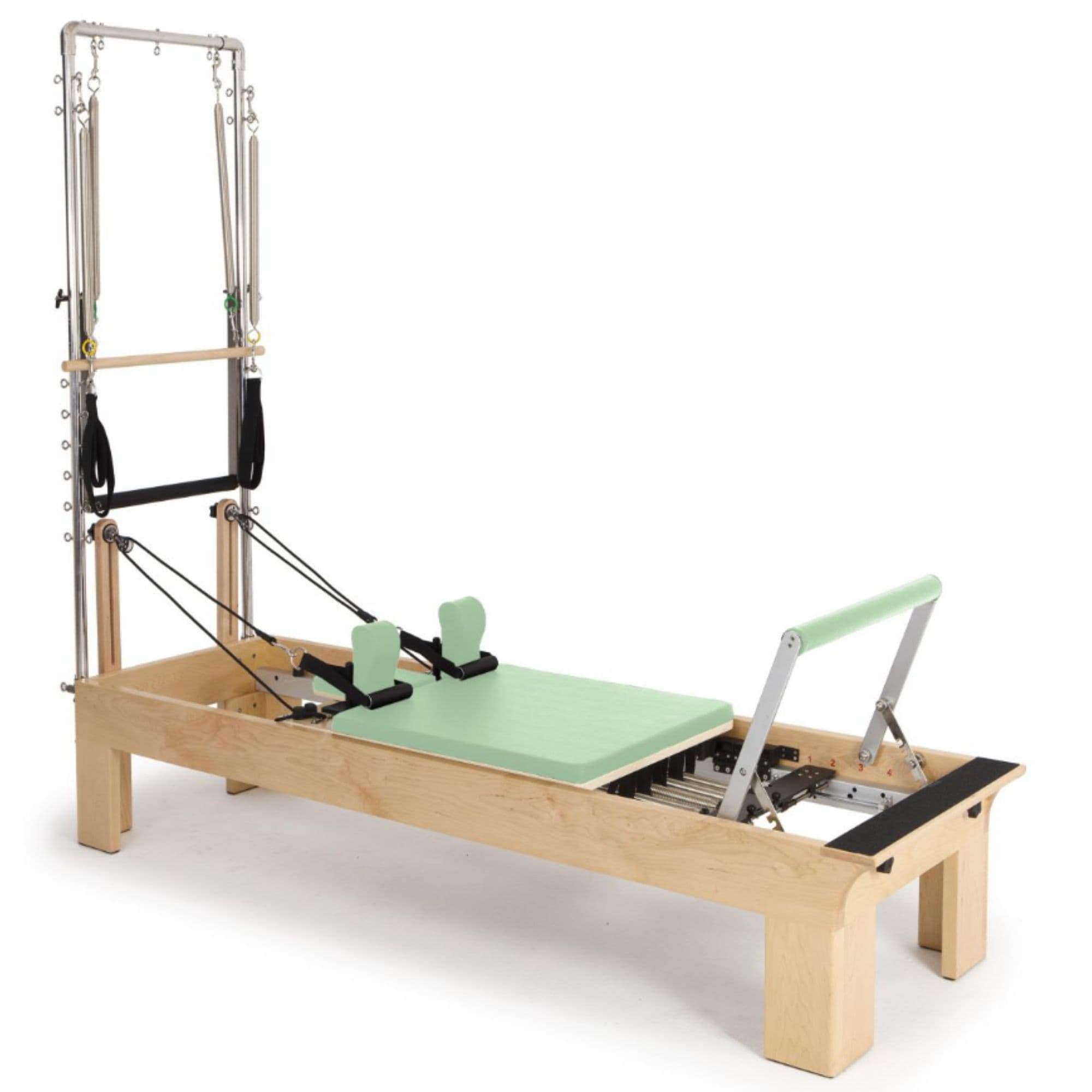 Elina Pilates Physio Wood Reformer with Tower Green Variant Front Angled View With Complete Set On White Background