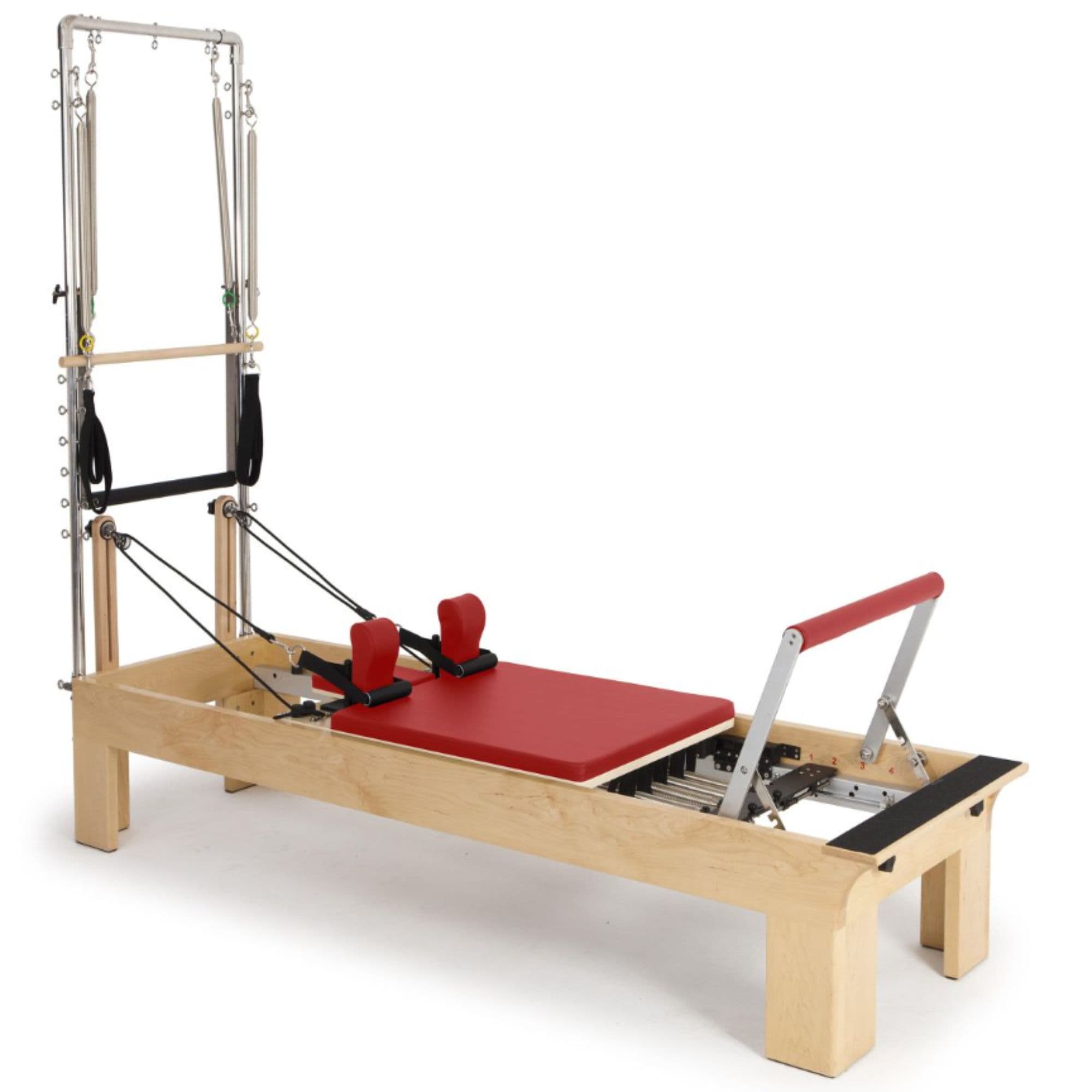 Elina Pilates Physio Wood Reformer with Tower Red Variant Front Angled View With Complete Set On White Background