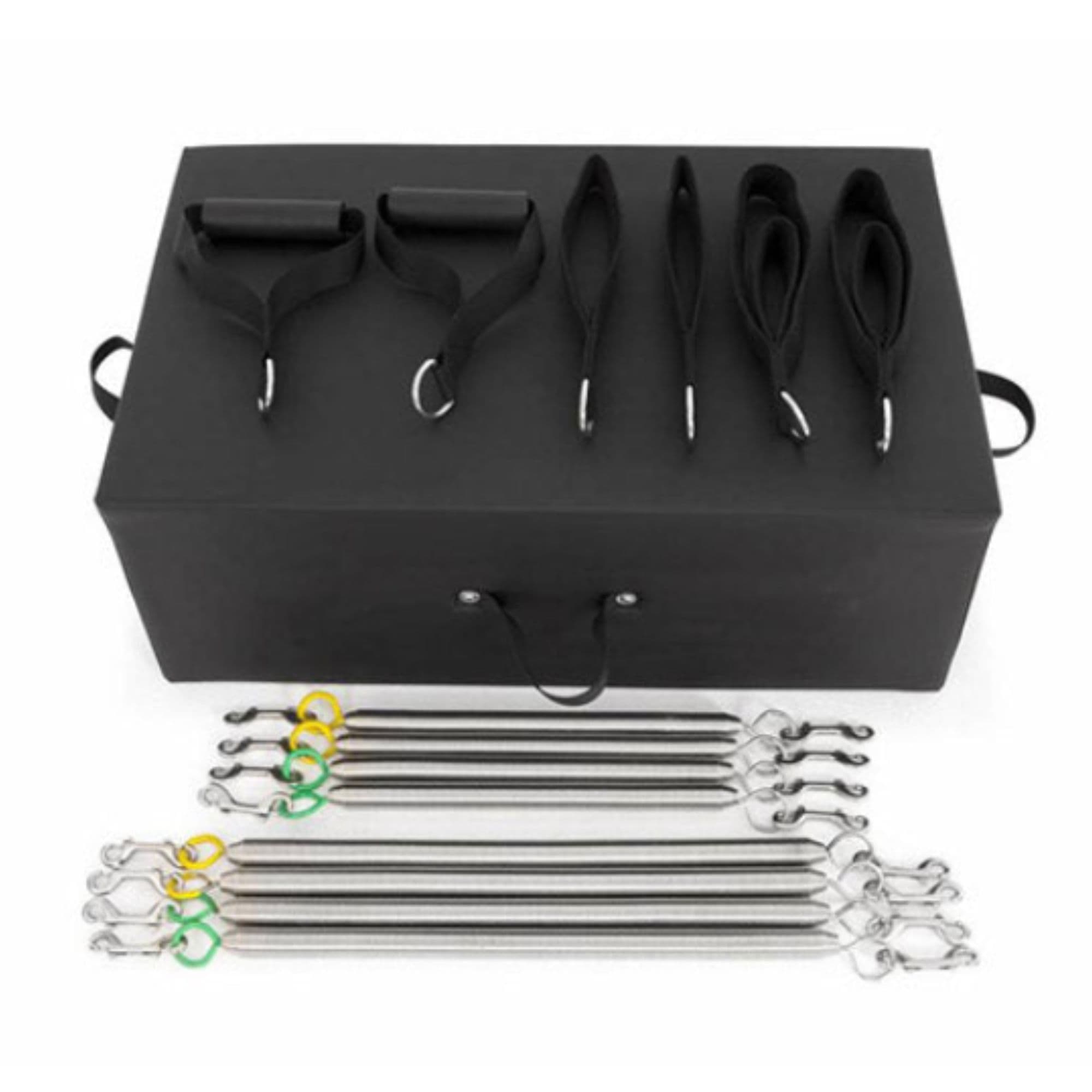 Elina Pilates Physio Wood Reformer with Tower Top View Of Included Accessory Kit And Color Coded Resistance Springs On White Background
