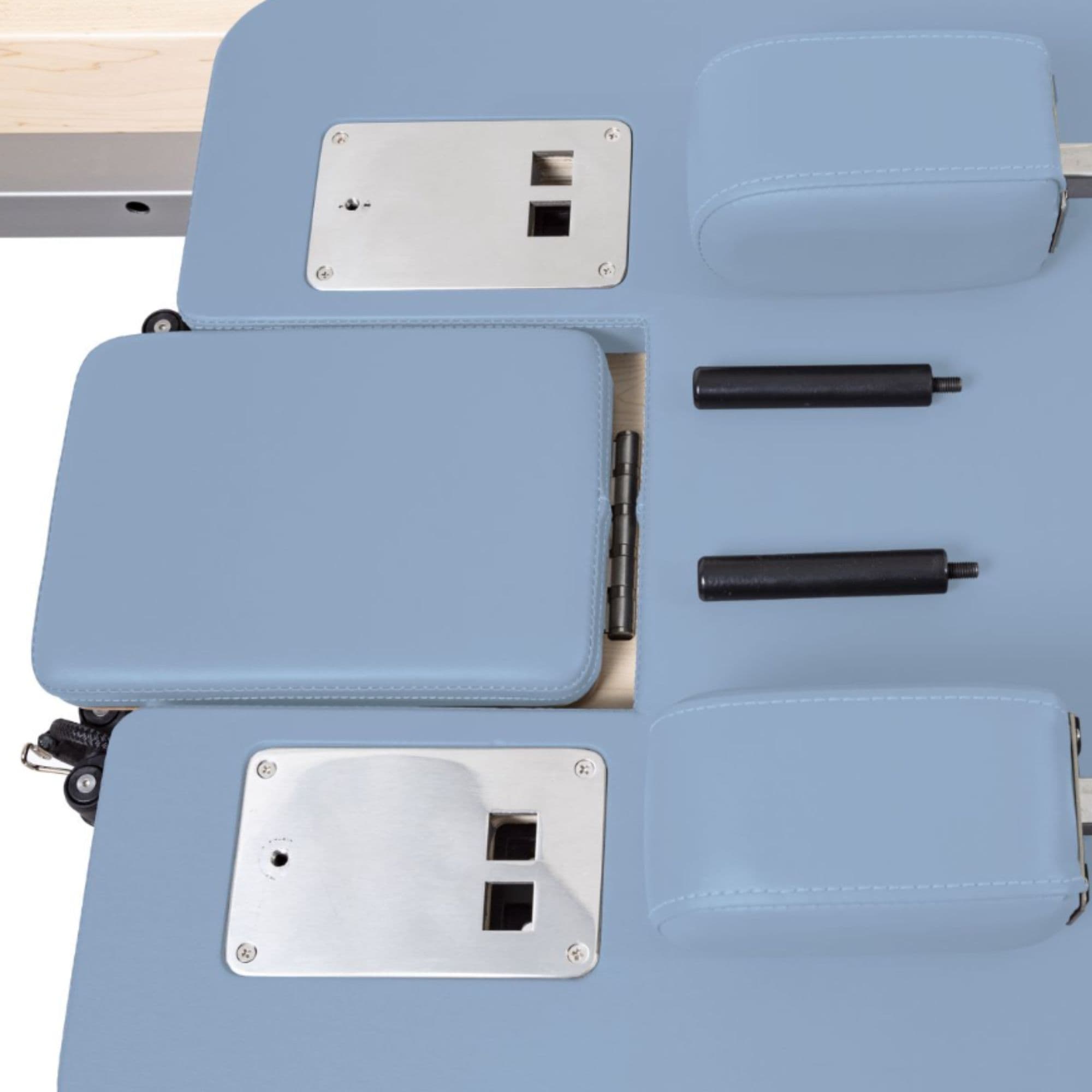 Elina Pilates Reformer Master Instructor Close-Up View Of Ocean Blue Upholstery And Shoulder Rest Assembly Front Angled View On White Background
