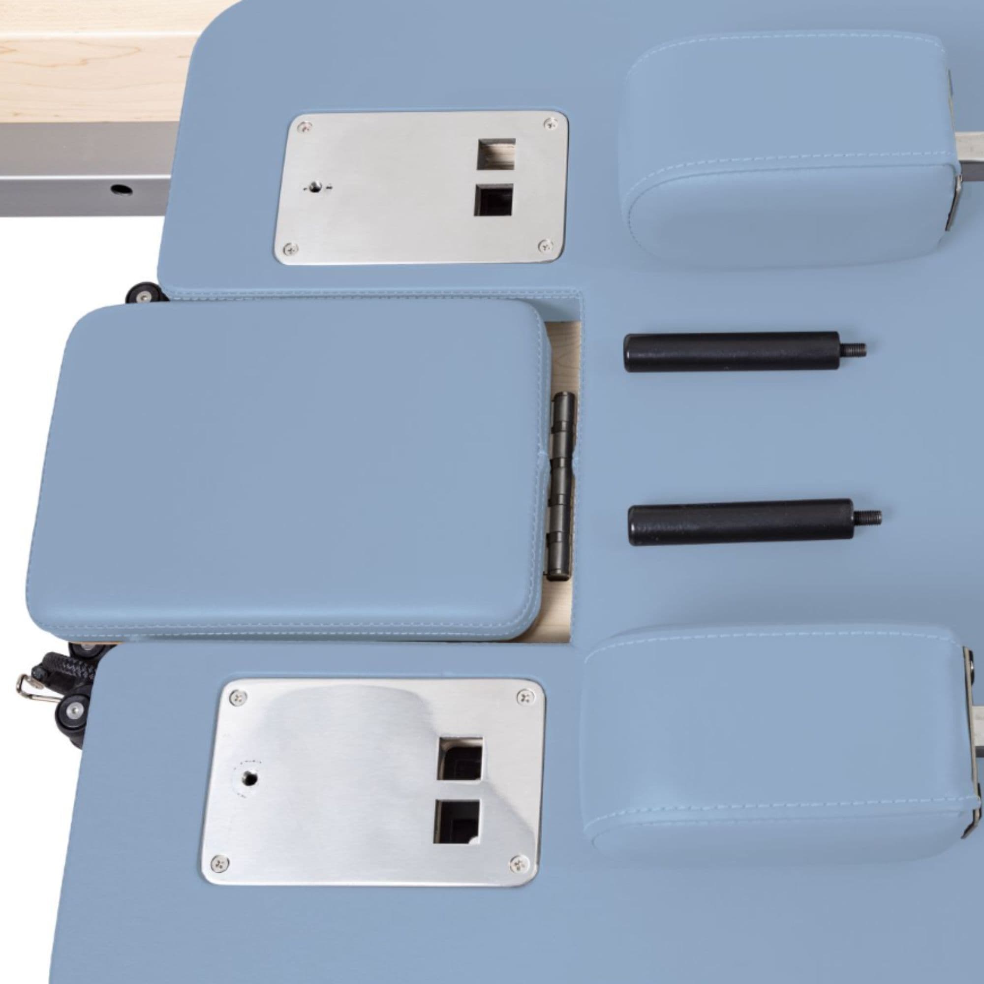 Elina Pilates Reformer Master Instructor With Tower Blue VarianClose-Up View Of Ocean Blue Upholstery And Shoulder Rest Assembly Front Angled View On White Background