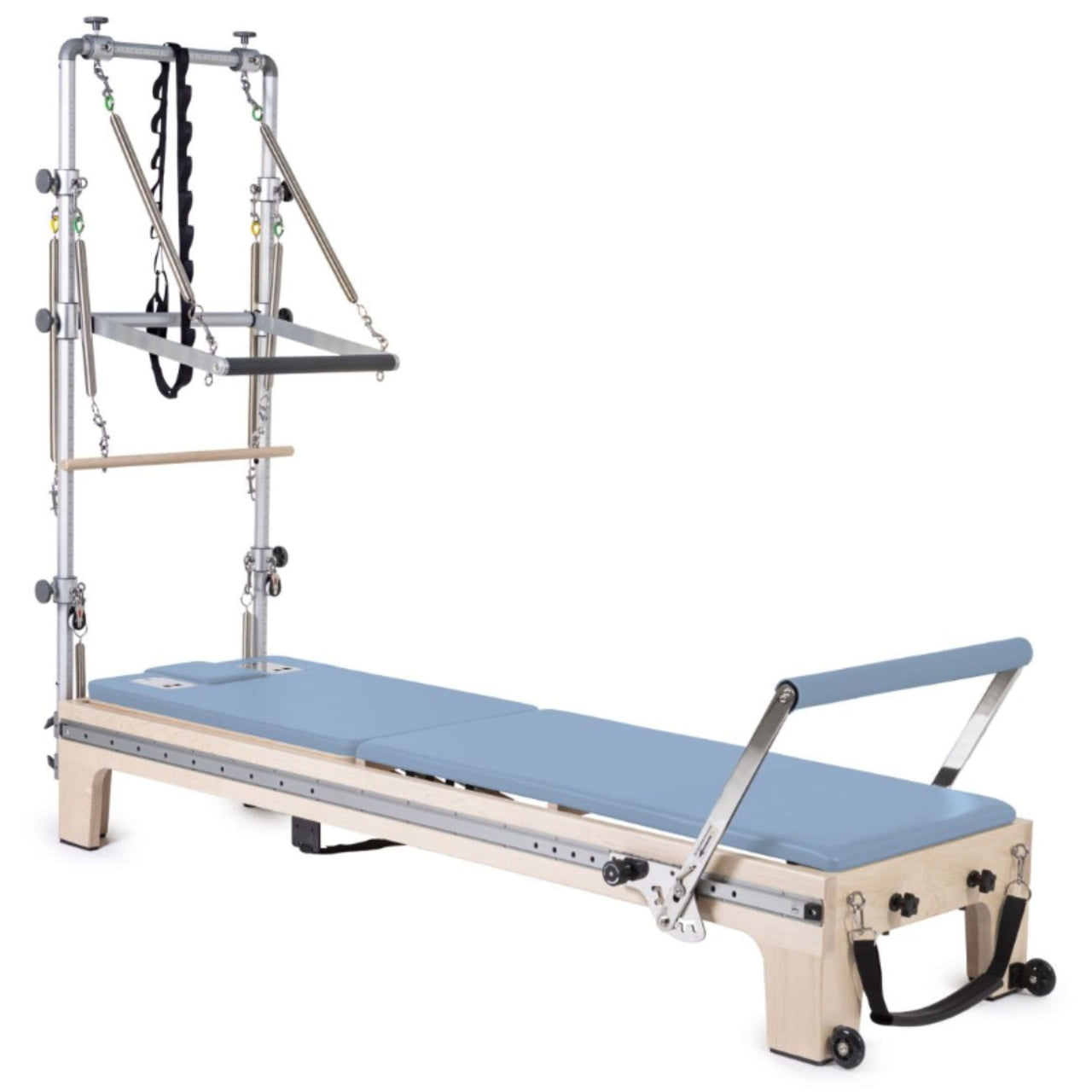 Elina Pilates Reformer Master Instructor With Tower Blue Variant Front Angled View On White Background Showing Adjustable Roll-Down Bar