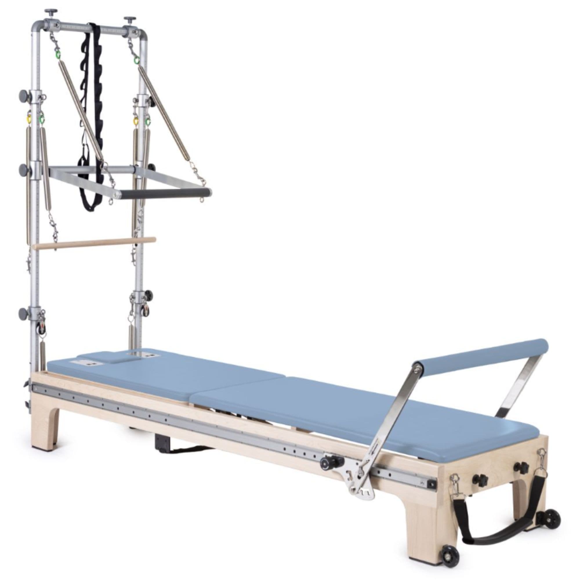 Elina Pilates Reformer Master Instructor With Tower Blue Variant Front Angled View On White Background Showing Adjustable Roll-Down Bar