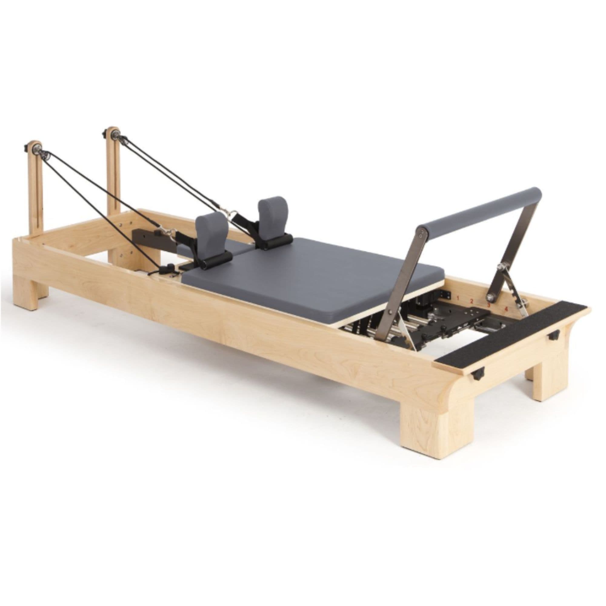 Elina Pilates Reformer Wood Gray Variant Front Angled View Complete Set On White Background