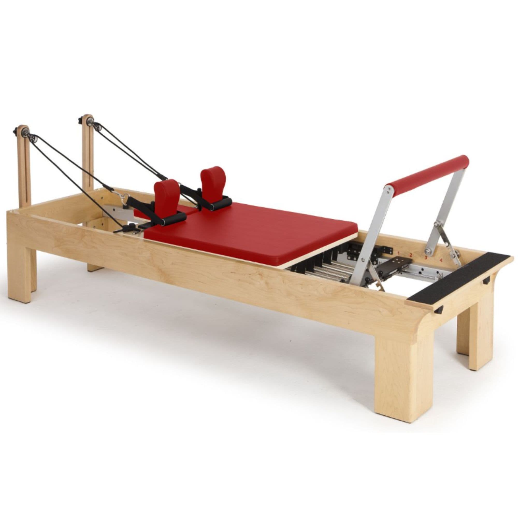Elina Pilates Rehab Wood Reformer Red Variant Front Angled View With Complete Set On White Background