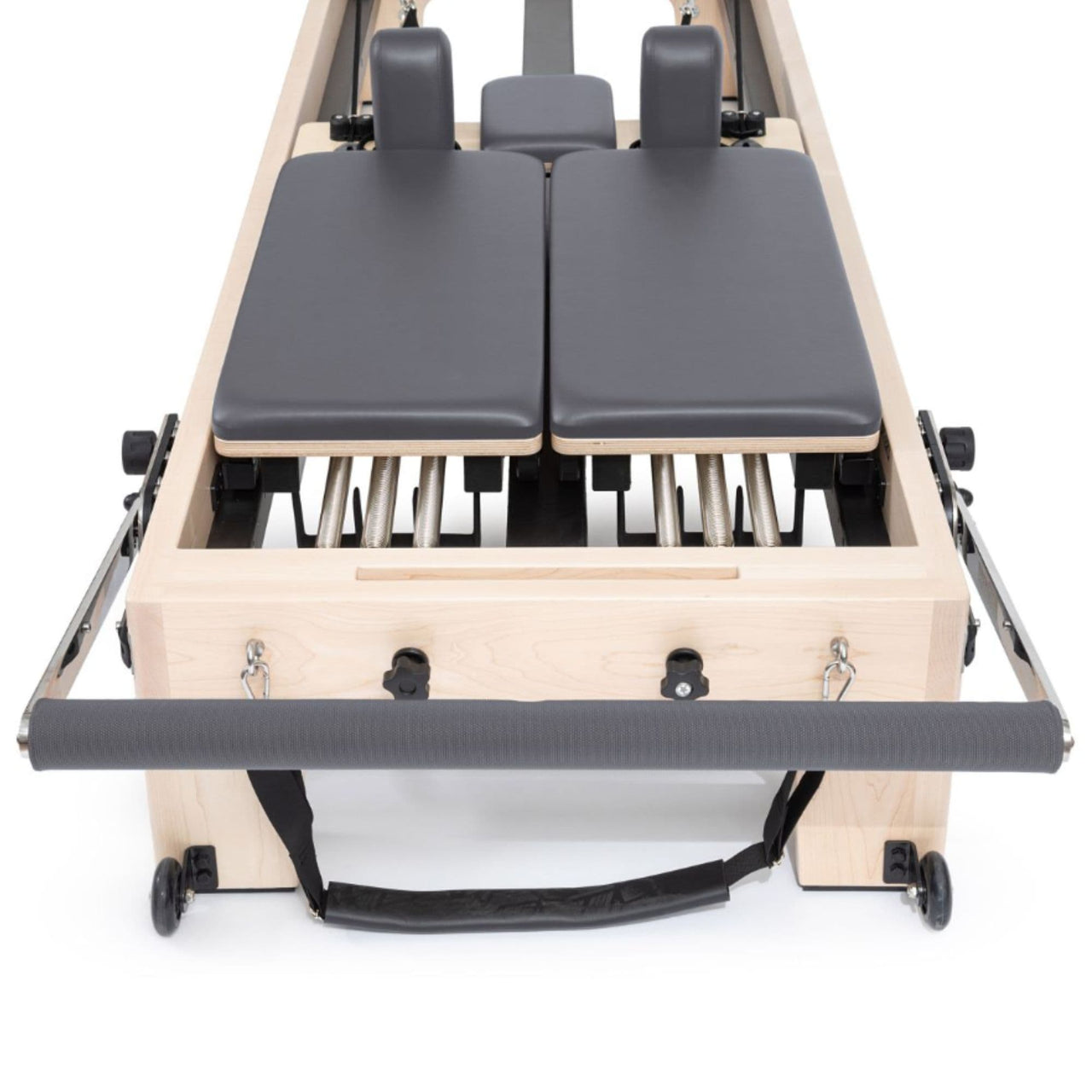 Elina Pilates Twin Reformer Front View With Split Carriage On White Background