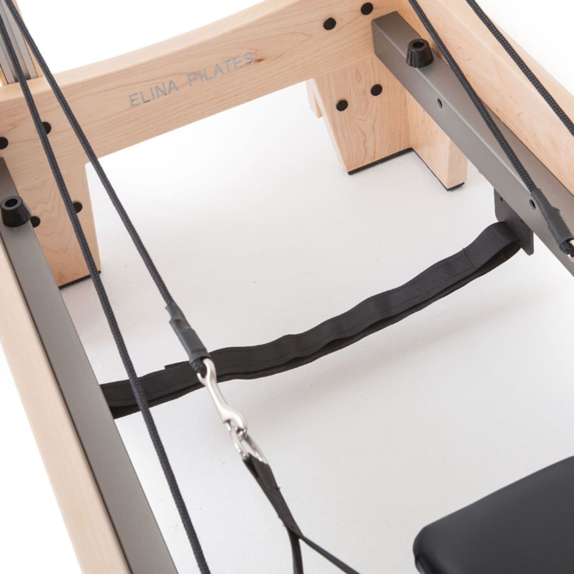 Elina Pilates Wood Reformer Elite Black Variant Close-Up View Of Strap And Frame On White Background
