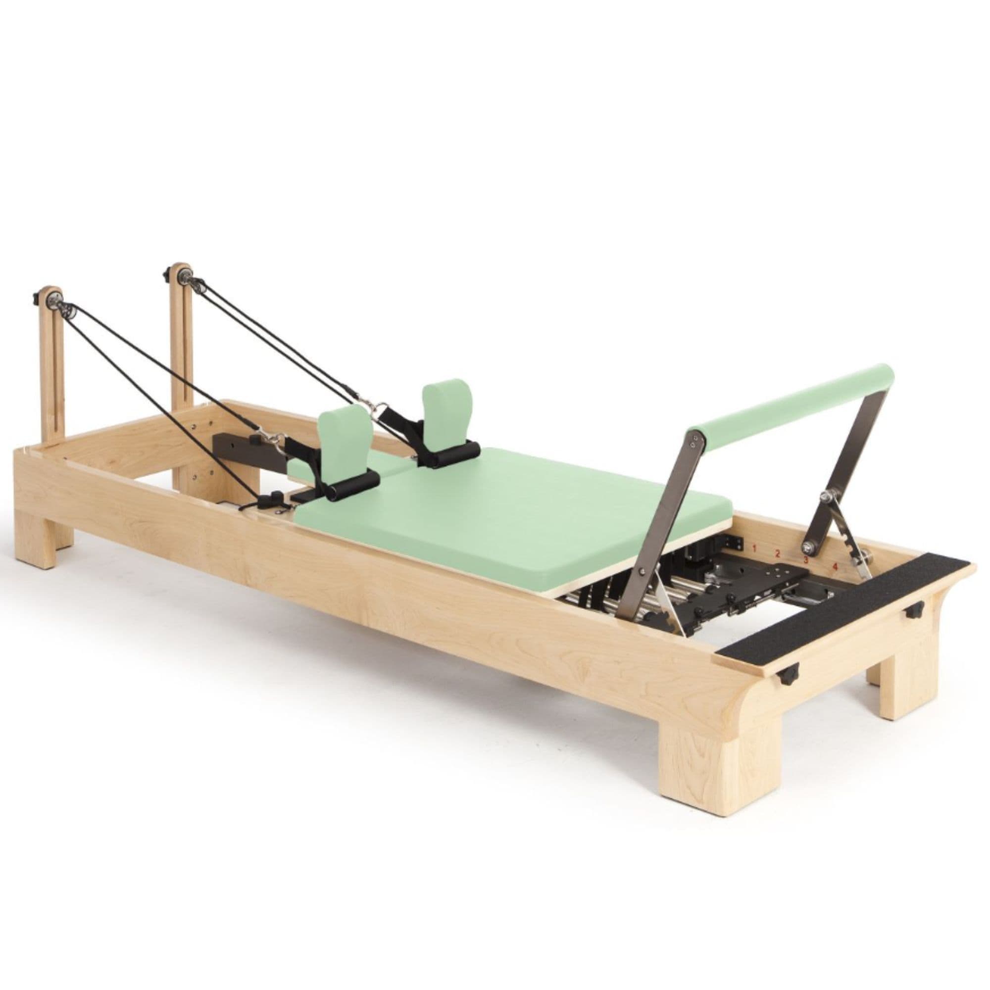 Elina Pilates Wood Reformer Green Variant Front Angled View Complete Set On White Background