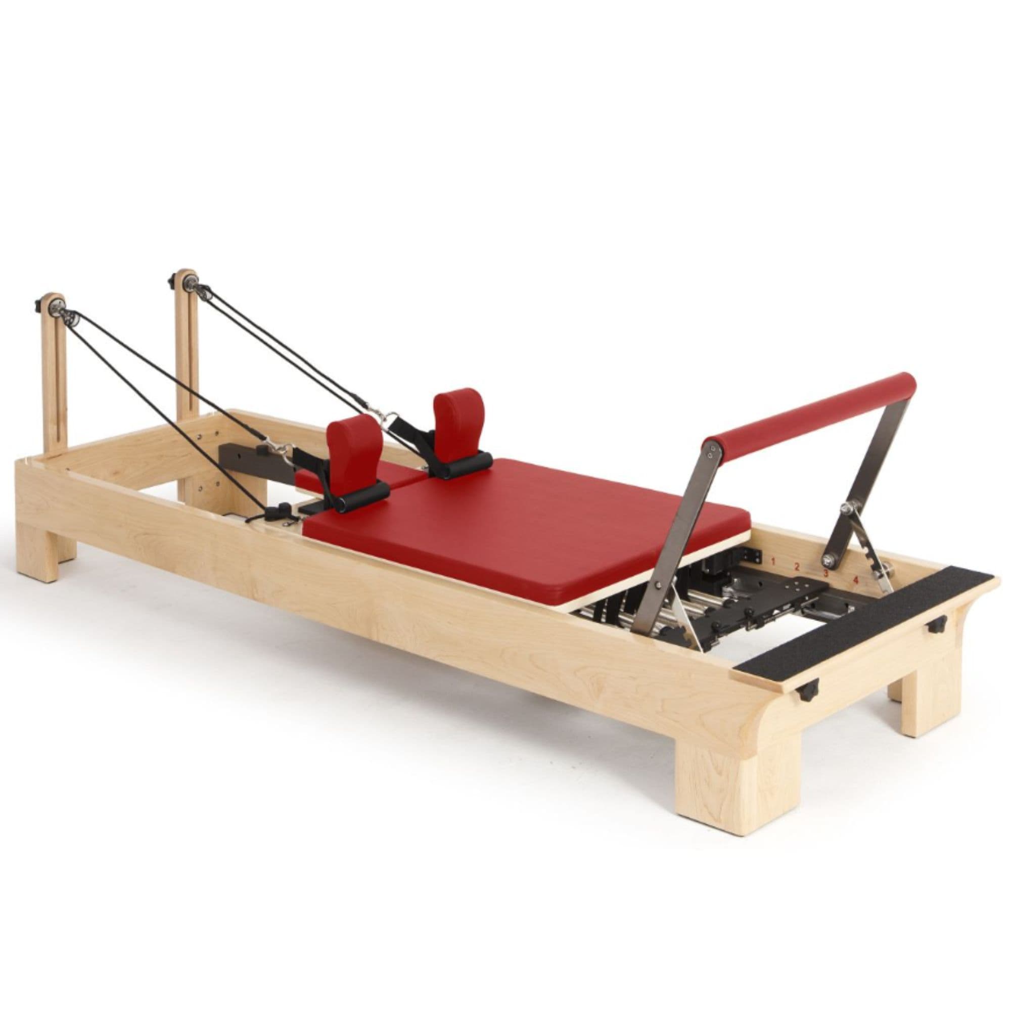 Elina Pilates Wood Reformer Red Variant Front Angled View Complete Set On White Background
