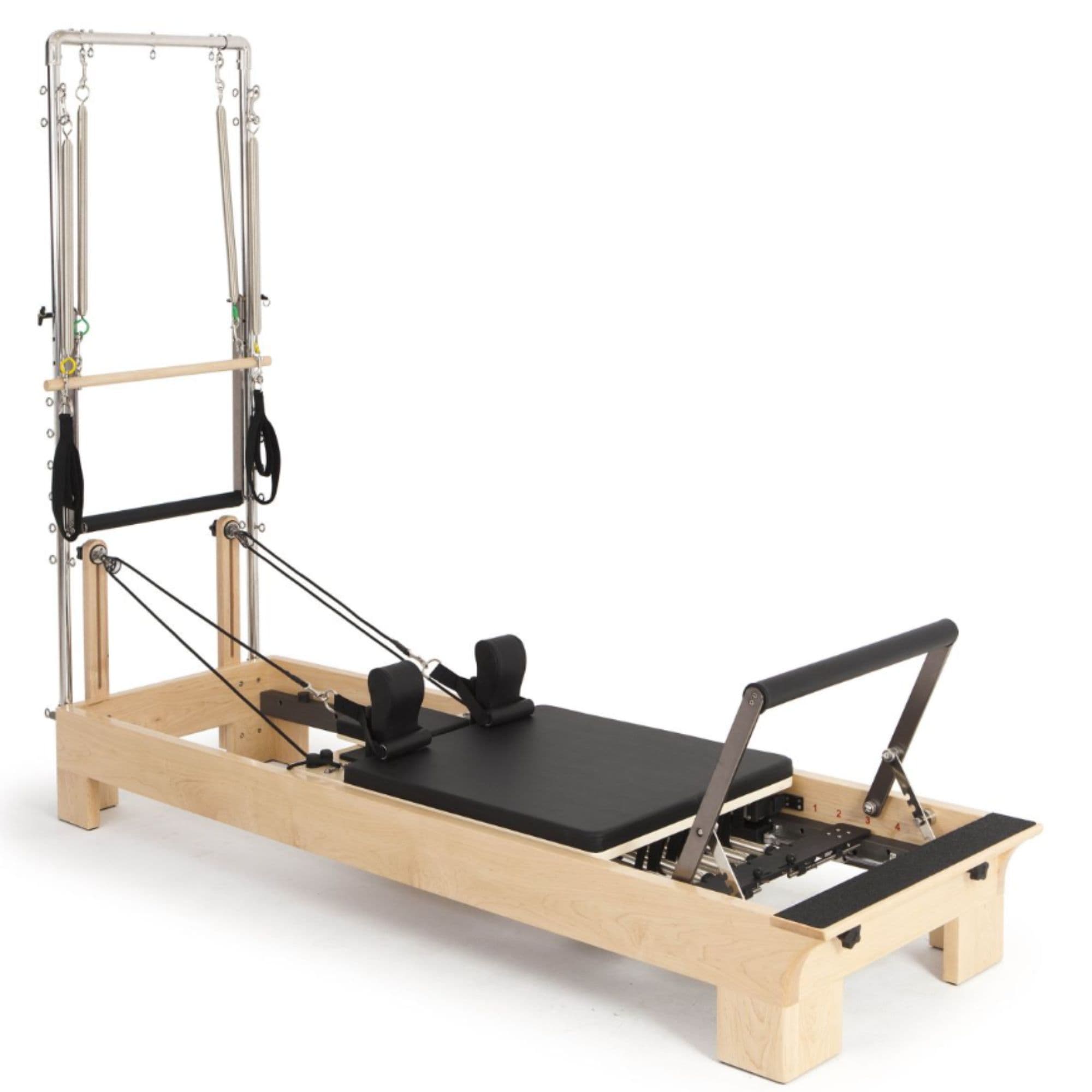 Elina Pilates Wood Reformer with Tower Black Variant Front Angled View Complete Set On White Background