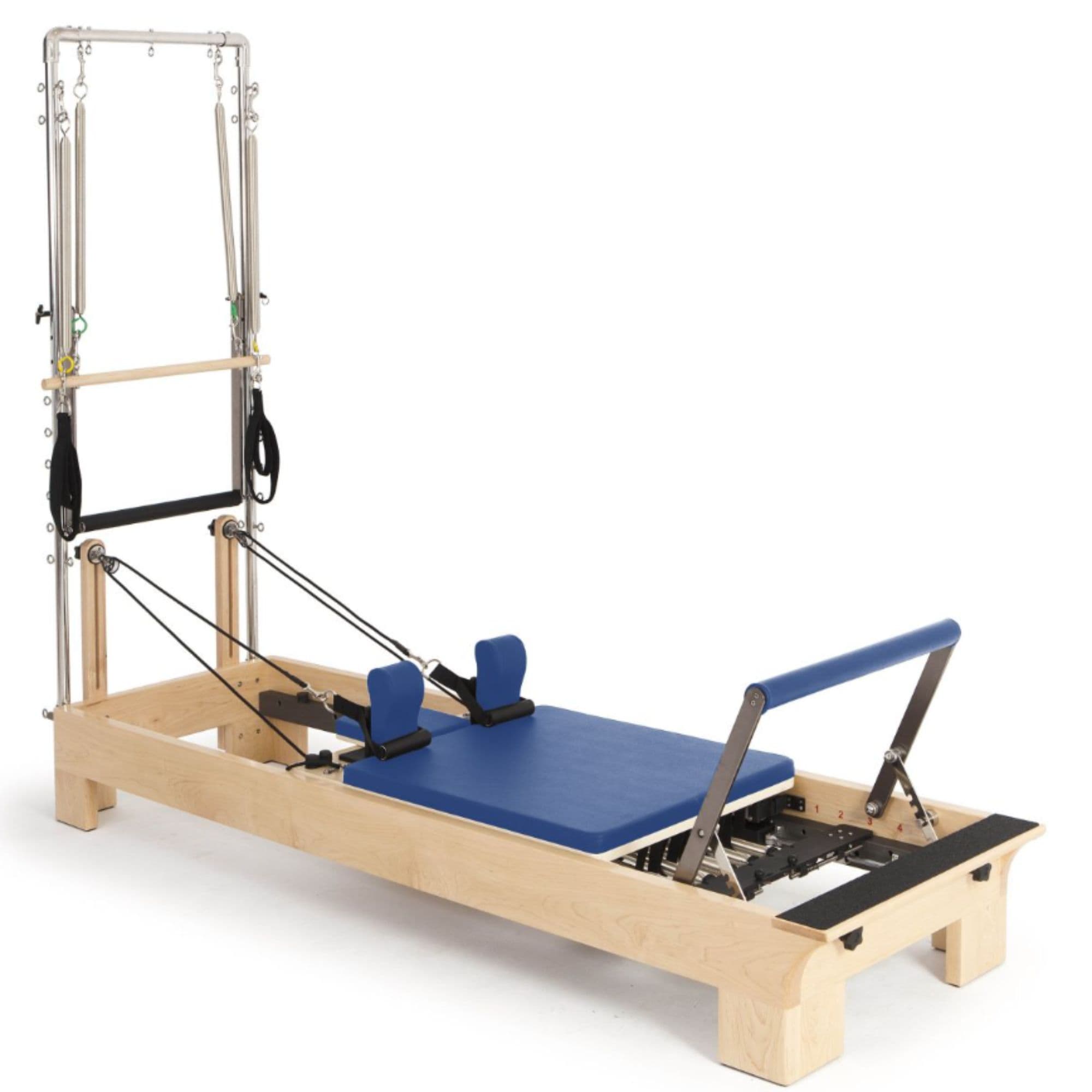 Elina Pilates Wood Reformer with Tower Blue Variant Front Angled View Complete Set On White Background