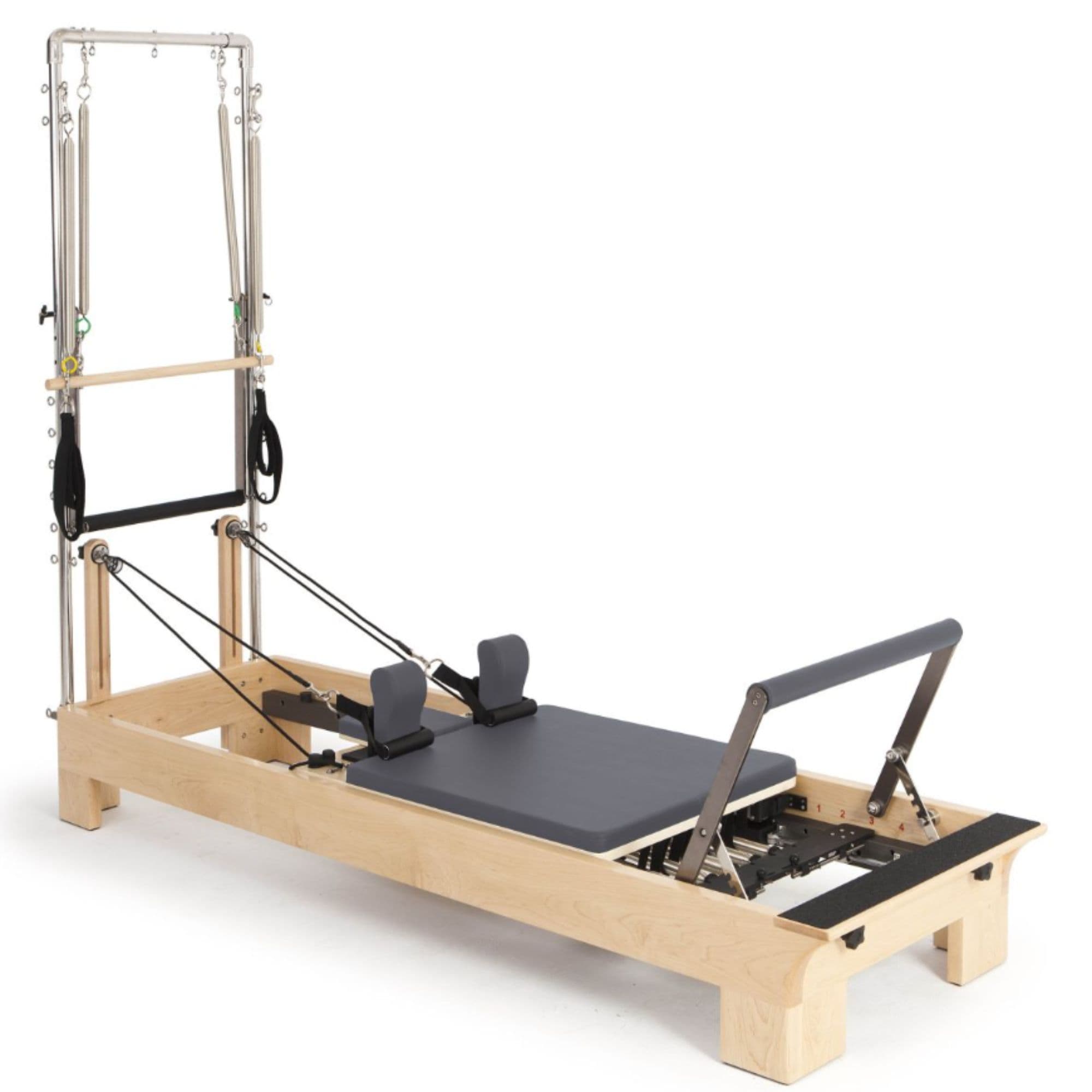 Elina Pilates Wood Reformer with Tower Gray Variant Front Angled View Complete Set On White Background