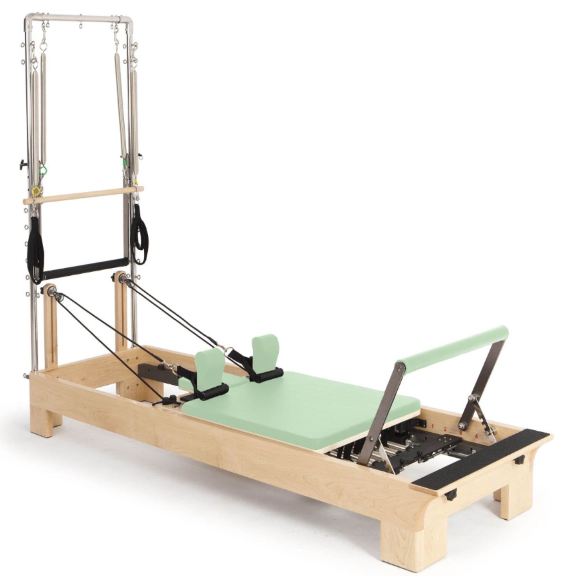 Elina Pilates Wood Reformer with Tower Green Variant Front Angled View Complete Set On White Background