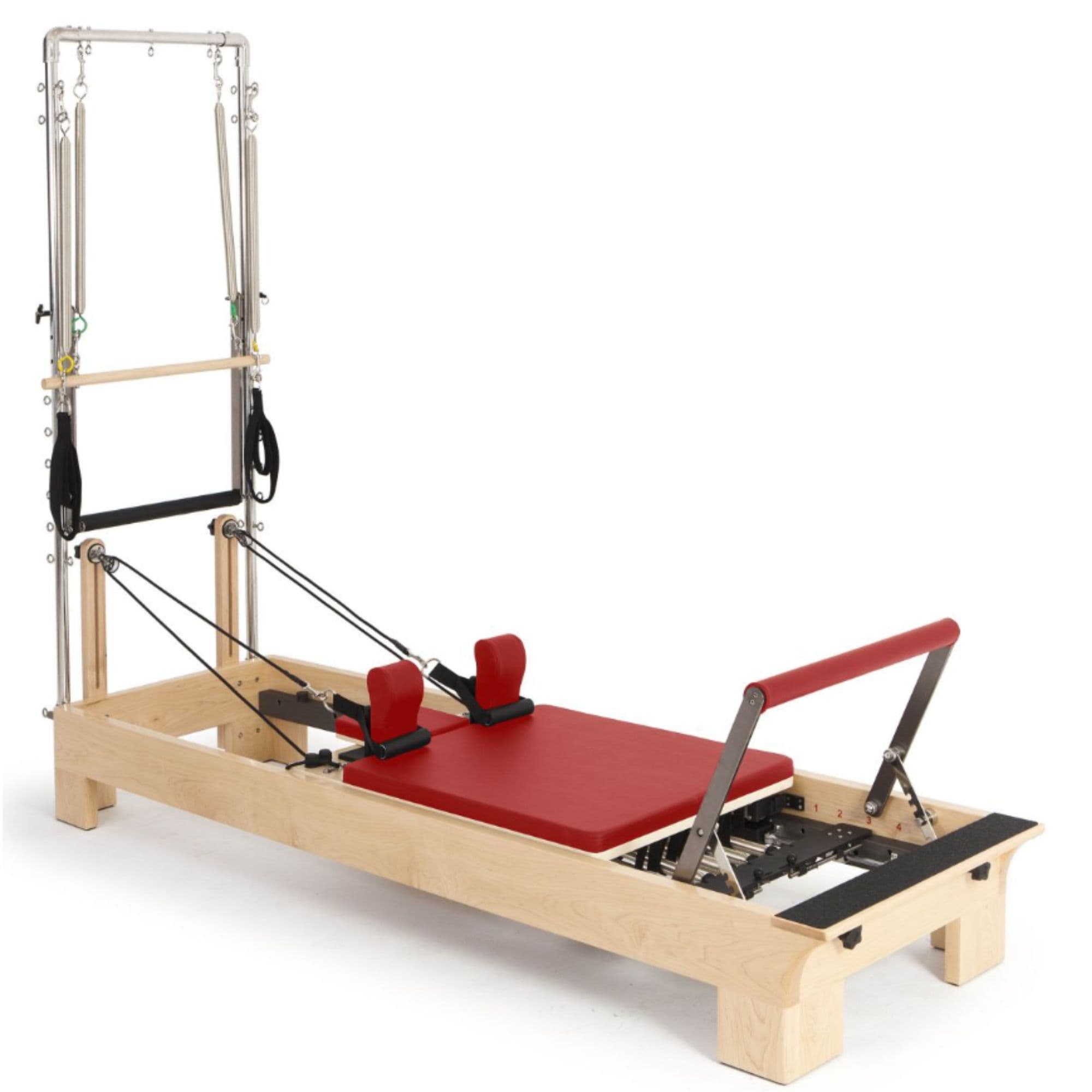 Elina Pilates Wood Reformer with Tower Red Variant Front Angled View Complete Set On White Background