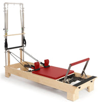 Thumbnail for Elina Pilates Wood Reformer with Tower Red Variant Front Angled View Complete Set On White Background