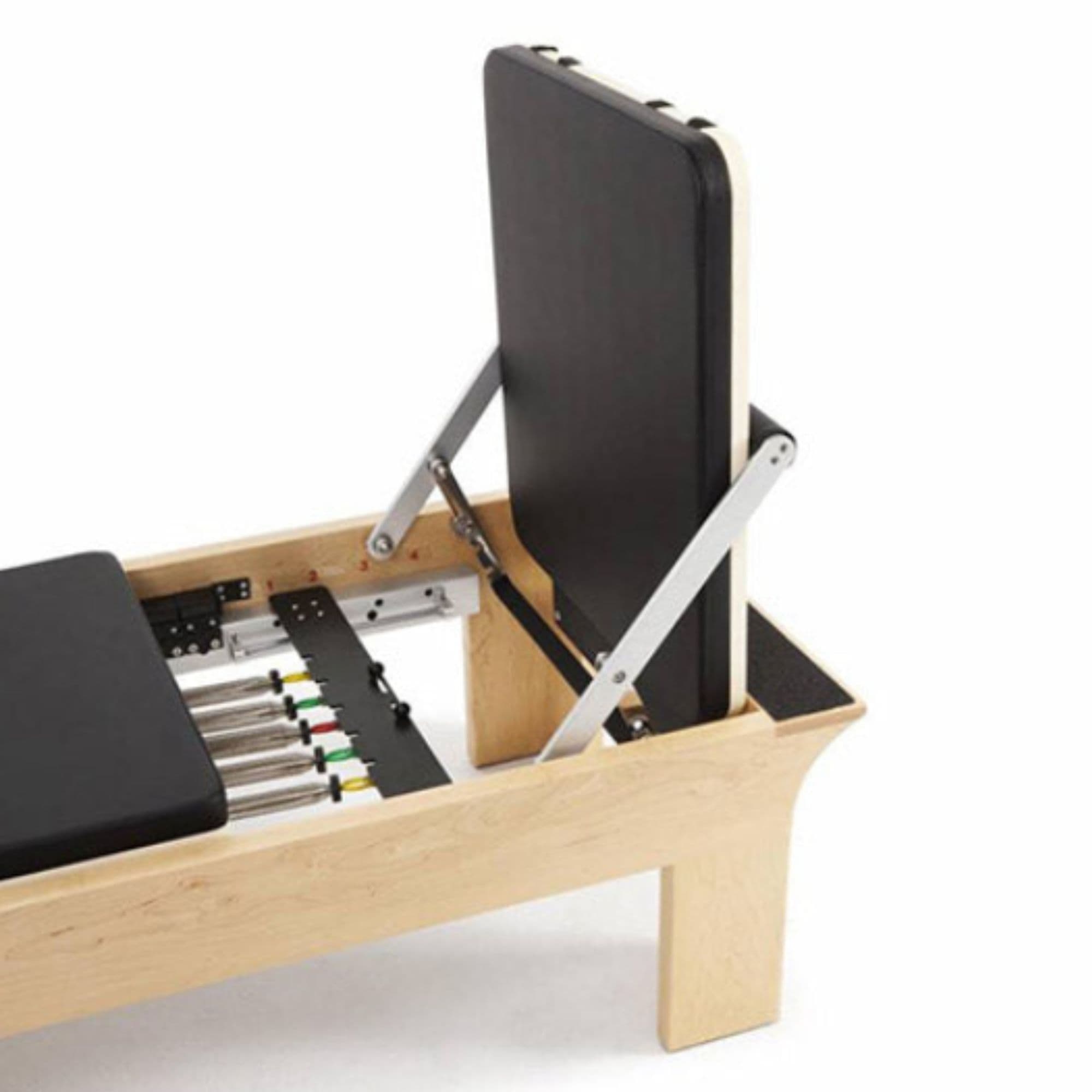 Elina Pilates Wood Reformer with Tower eln 300008 Close-Up View Of Jump Board With Color Coded Spring Resistance Controls On White Background