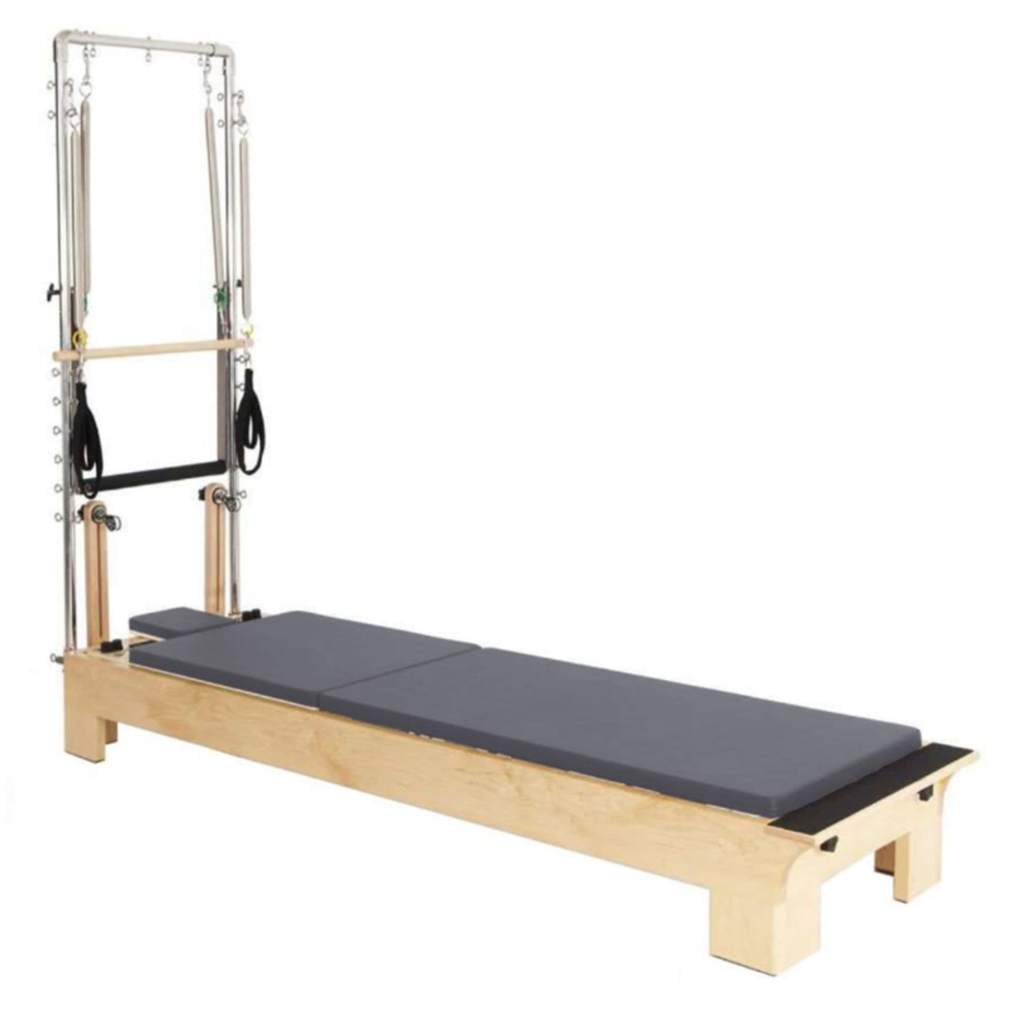 Elina Pilates Wood Reformer with Tower eln 300008 Gray Variant Front Angled View On White Background