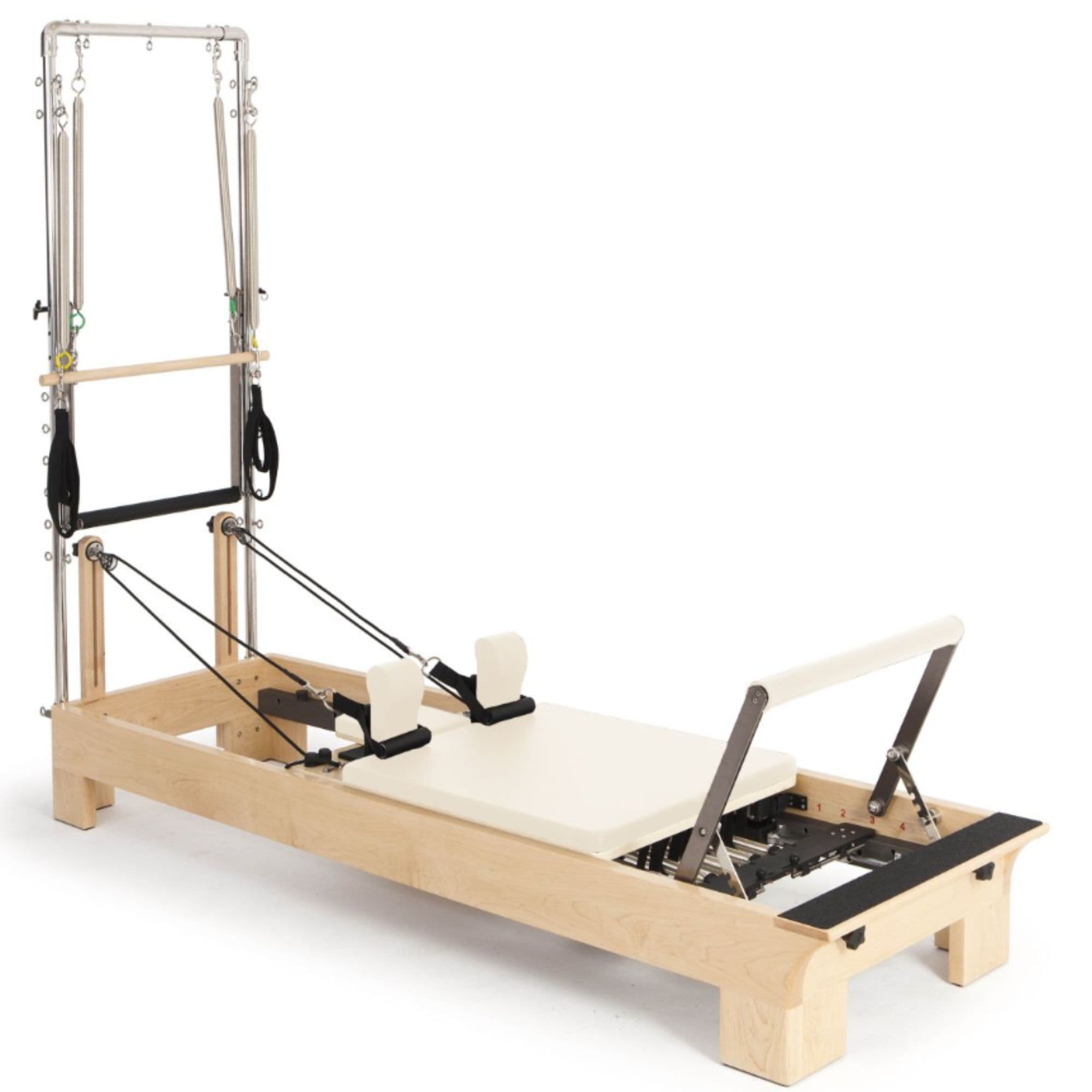 Elina Pilates Wood Reformer with Tower eln 300008 Ivory Variant Front Angled View Complete Set On White Background