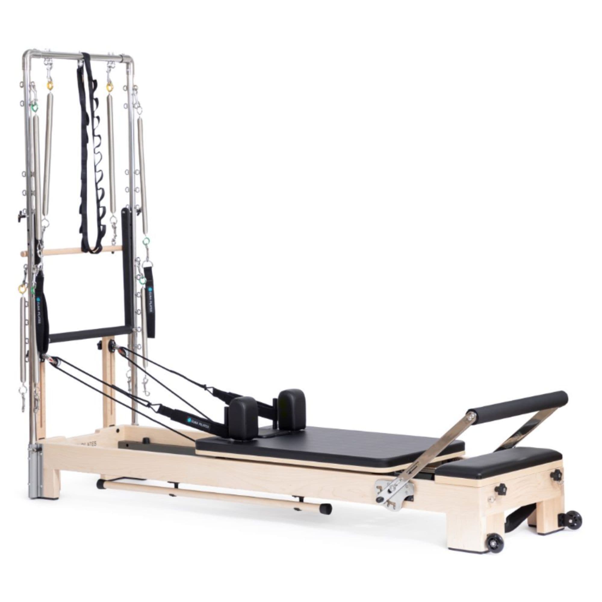 Elina Pilates Wooden Reformer Ligno With Tower Black Variant Front Angled View Complete Set On White Background