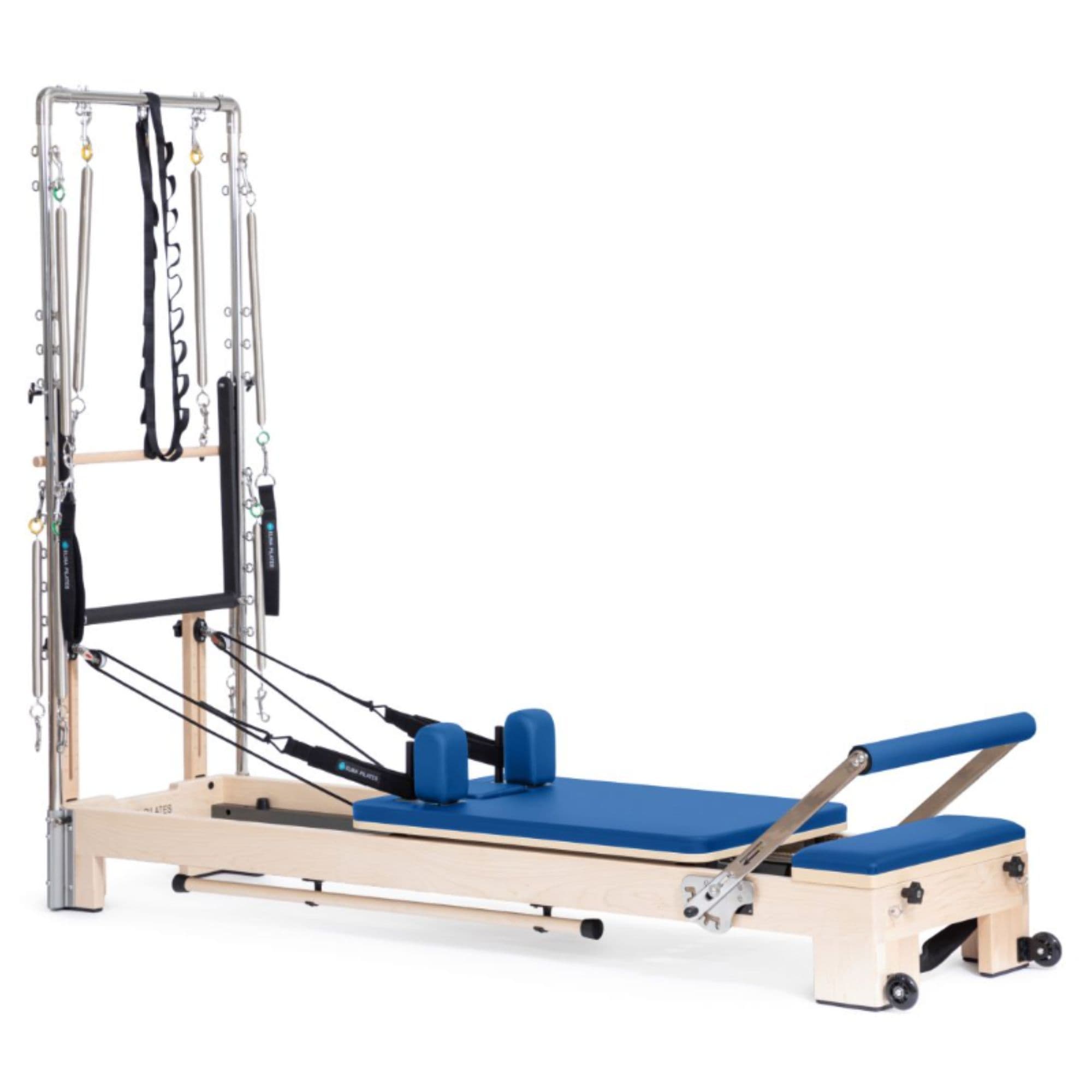 Elina Pilates Wooden Reformer Ligno With Tower Blue Variant Front Angled View Complete Set On White Background