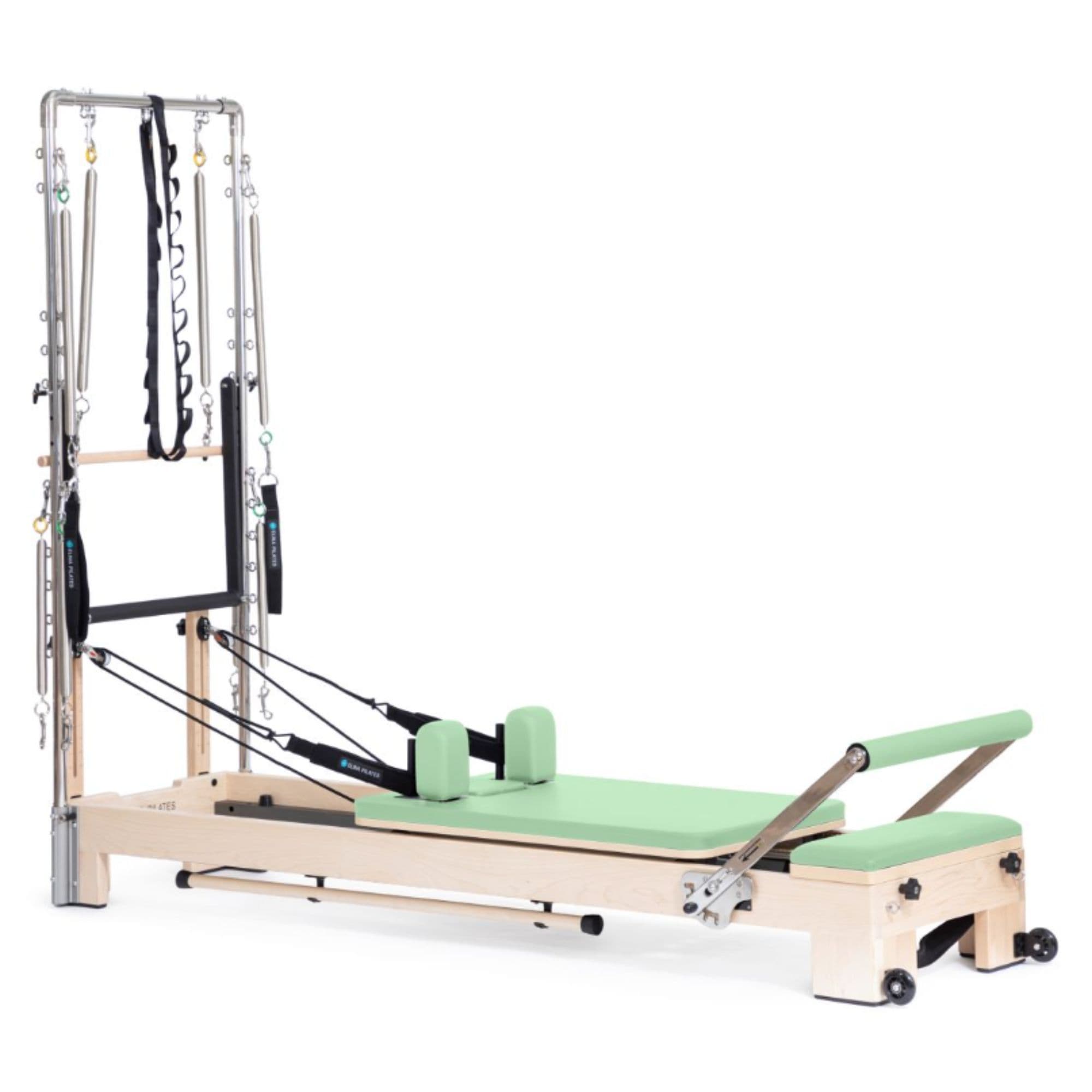 Elina Pilates Wooden Reformer Ligno With Tower Green Variant Front Angled View Complete Set On White Background