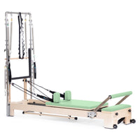 Thumbnail for Elina Pilates Wooden Reformer Ligno With Tower Green Variant Front Angled View Complete Set On White Background