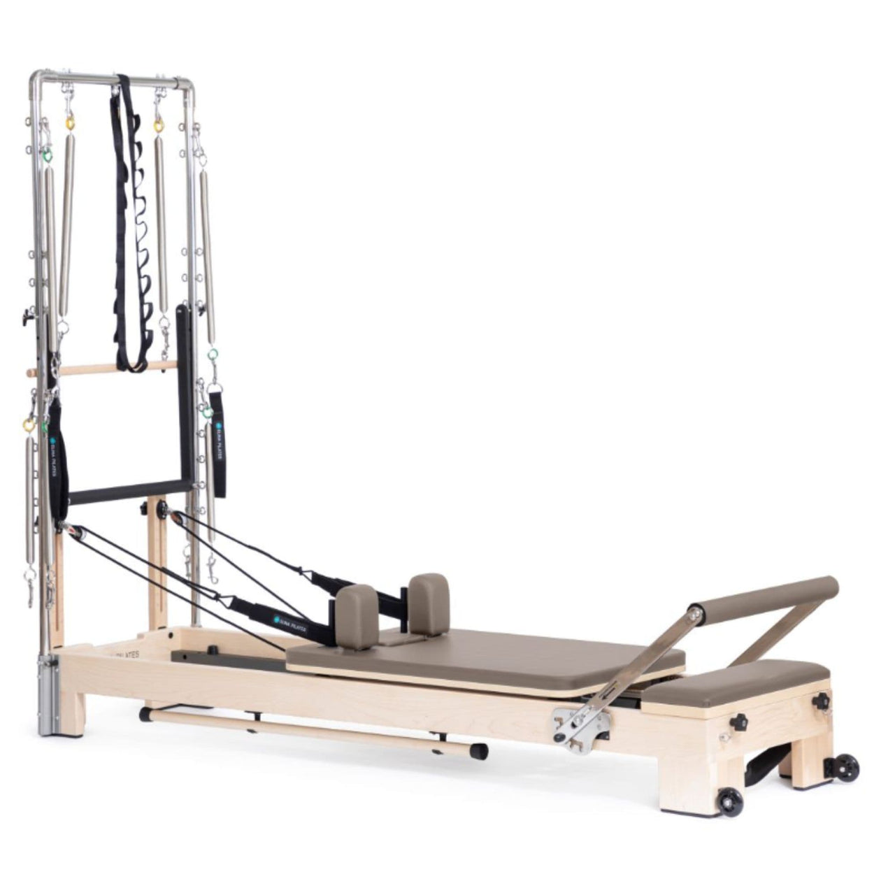 Elina Pilates Wooden Reformer Ligno With Tower Mocha Variant Front Angled View Complete Set On White Background