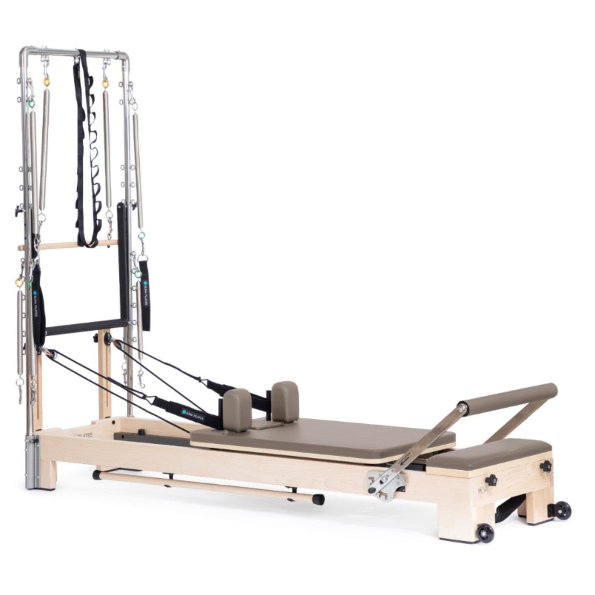 Elina Pilates Wooden Reformer Ligno With Tower Mocha Variant Front Angled View Complete Set On White Background