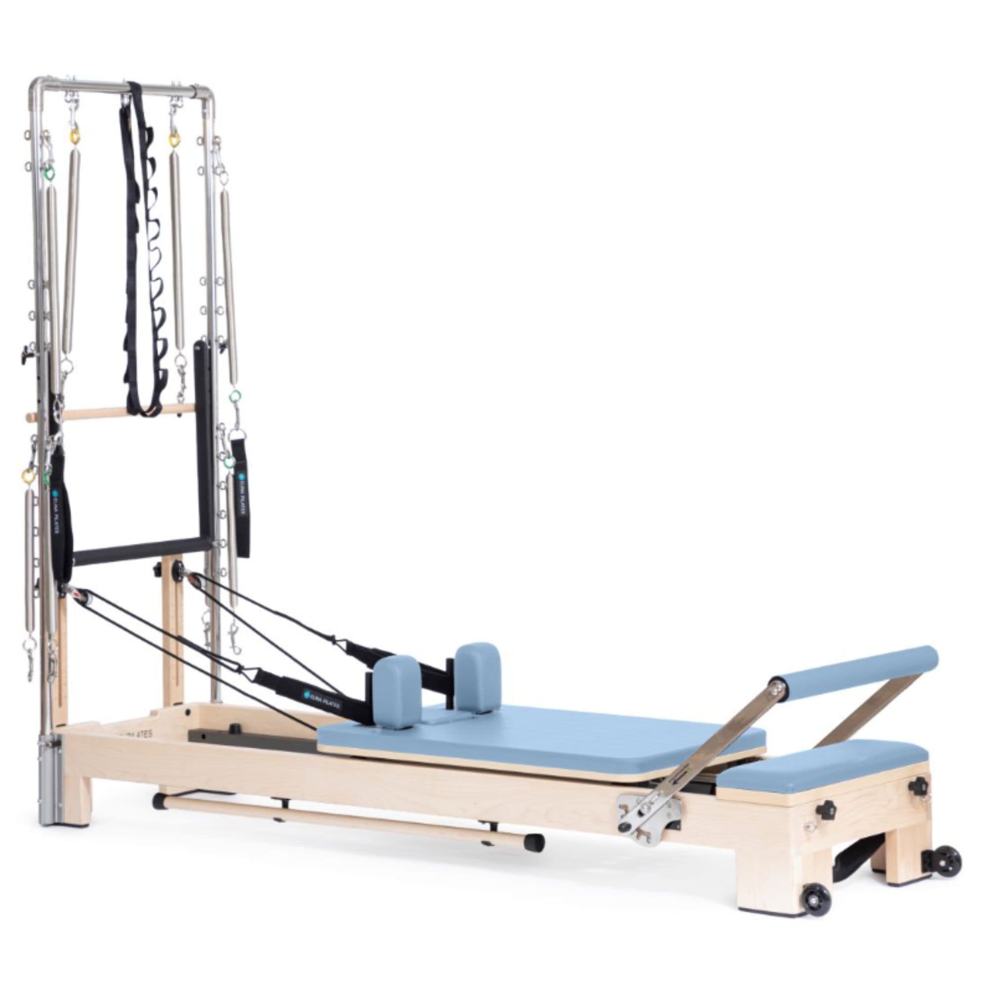 Elina Pilates Wooden Reformer Ligno With Tower Ocean Blue Variant Front Angled View Complete Set On White Background