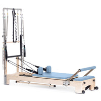 Thumbnail for Elina Pilates Wooden Reformer Ligno With Tower Ocean Blue Variant Front Angled View Complete Set On White Background