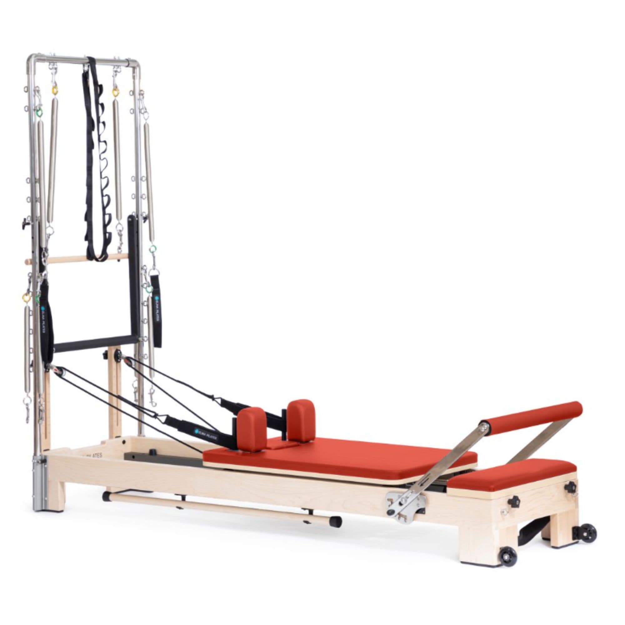 Elina Pilates Wooden Reformer Ligno With Tower Red Variant Front Angled View Complete Set On White Background